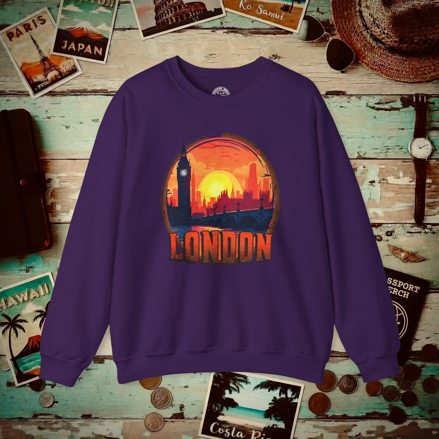 Vintage Big Ben Sunset, London, England Crewneck Purple / S