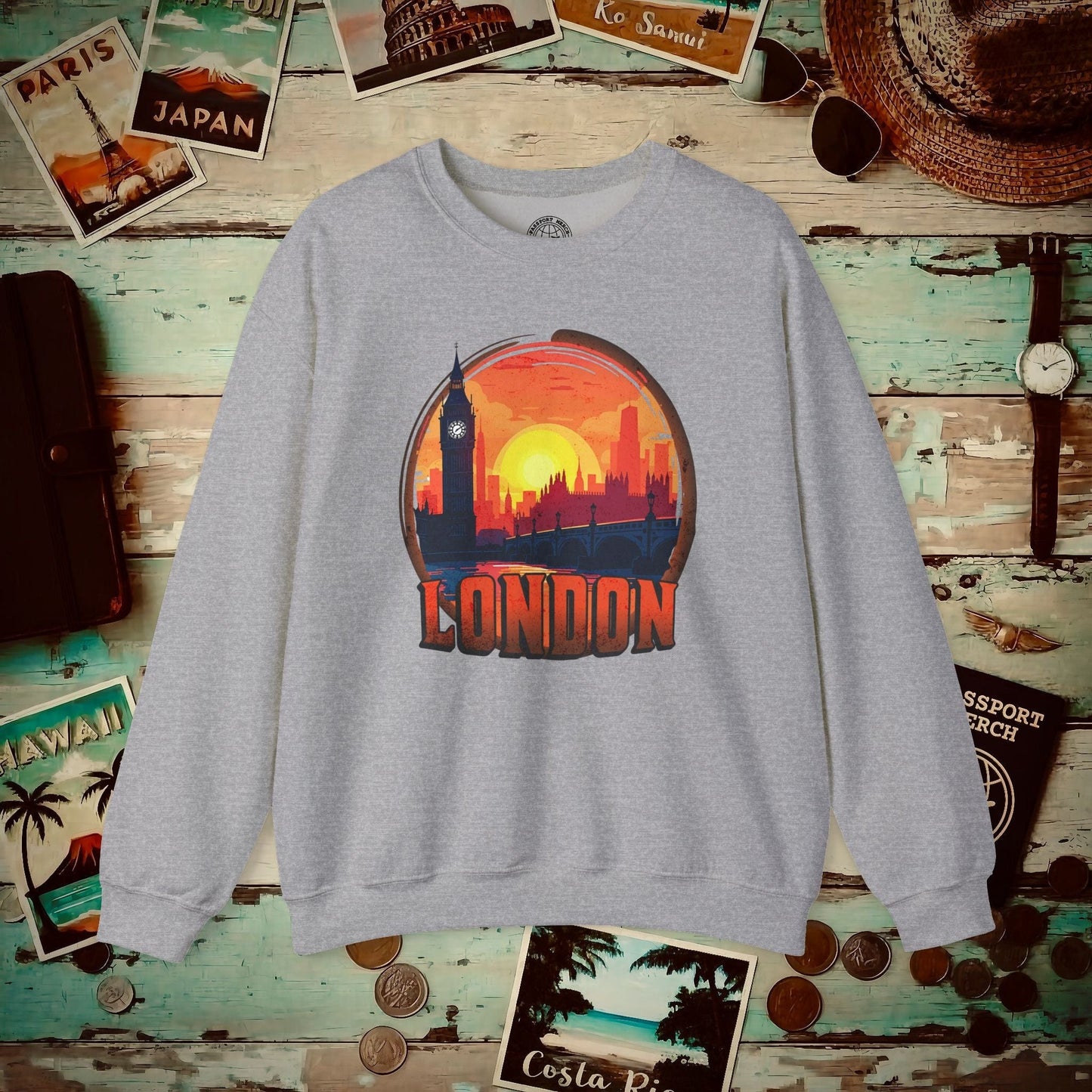 Vintage Big Ben Sunset, London, England Crewneck Sport Grey / S