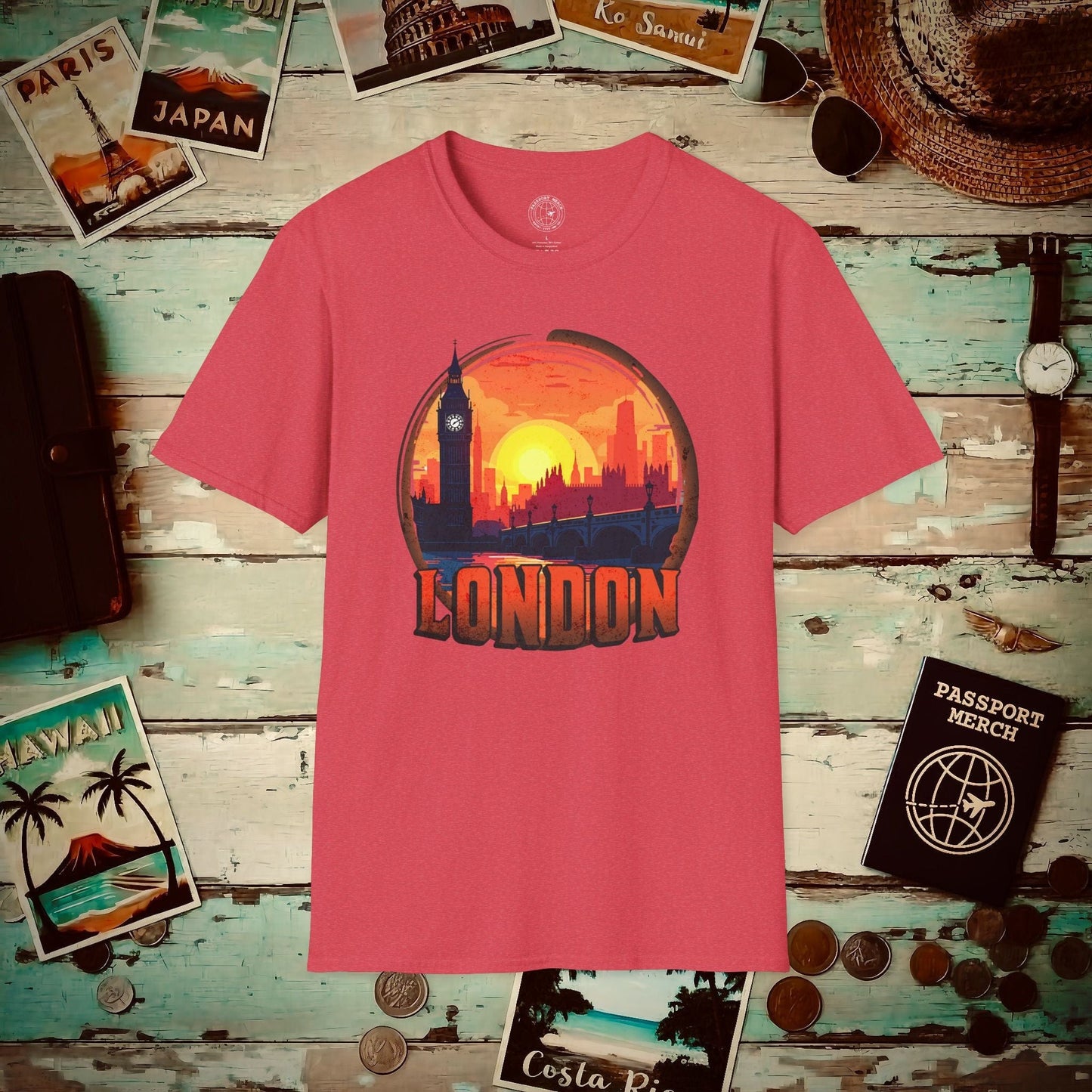 Vintage Big Ben Sunset, London, England T-Shirt Heather Red / S