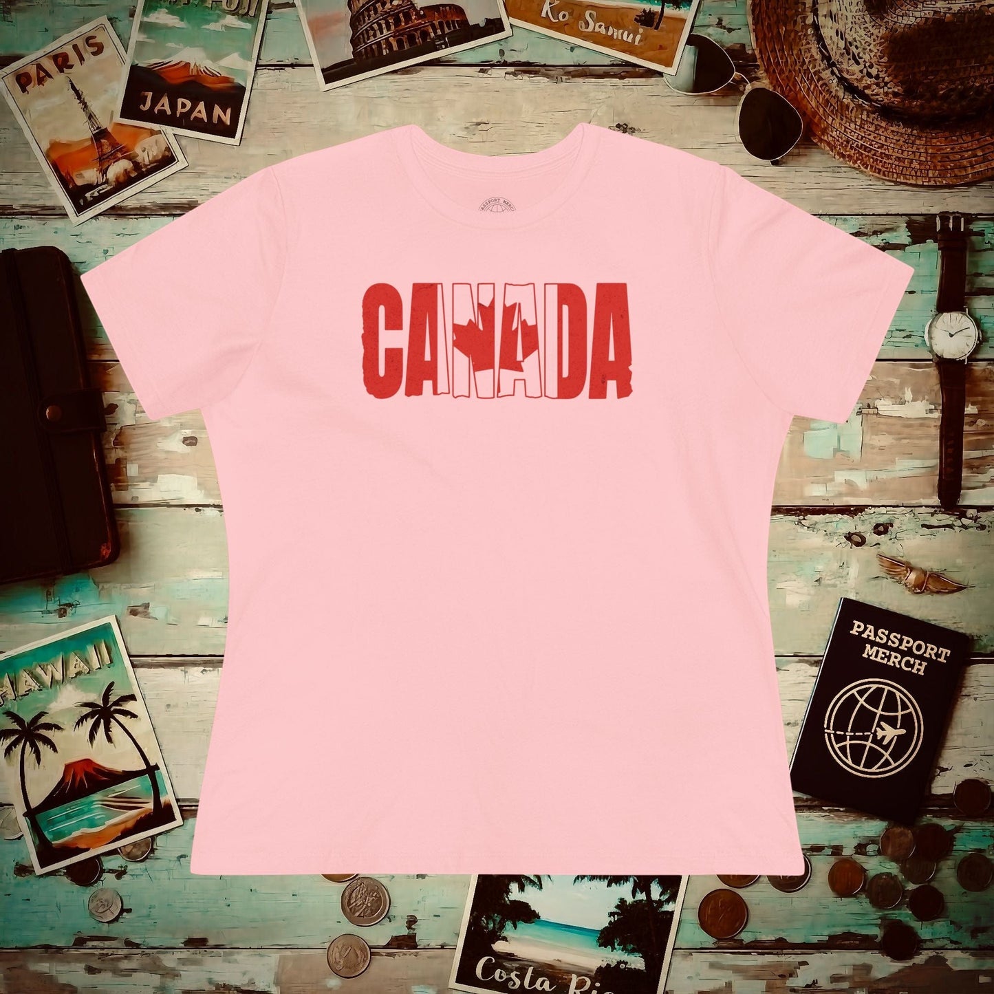 Vintage Canada Patriotism Letter Flag, Womens Fit T-Shirt Pink / S
