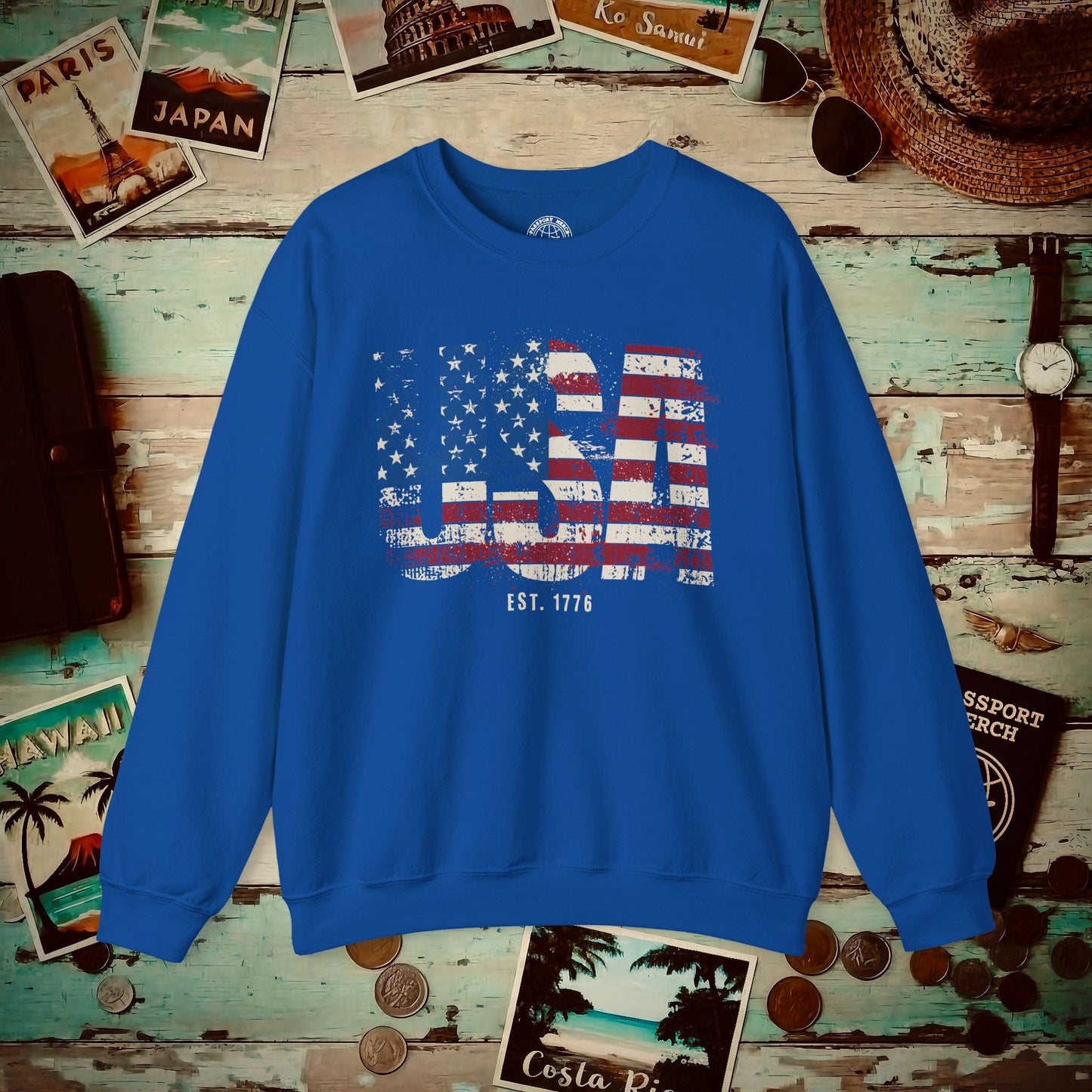 Vintage Distressed USA Letter Flag Crewneck Royal / S
