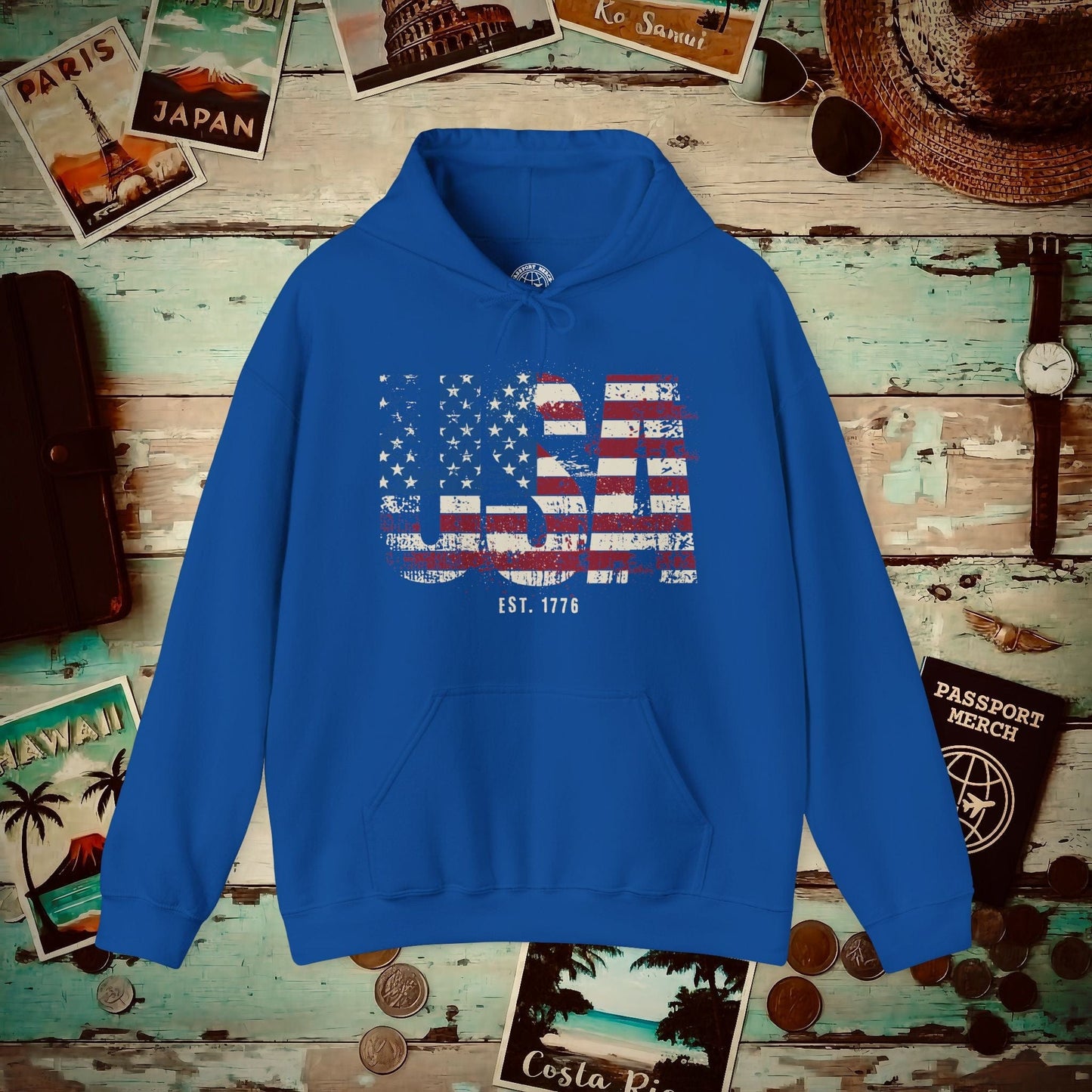 Vintage Distressed USA Letter Flag Hoodie Royal / S