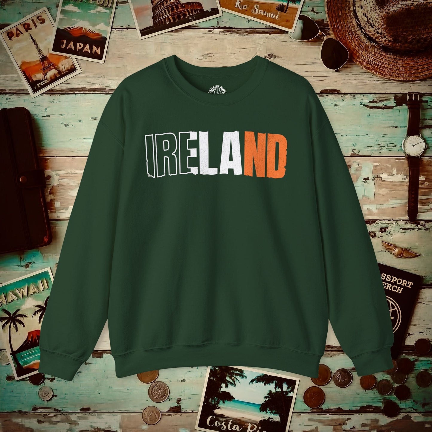Vintage Ireland Patriotism Letter Flag Crewneck Forest Green / S