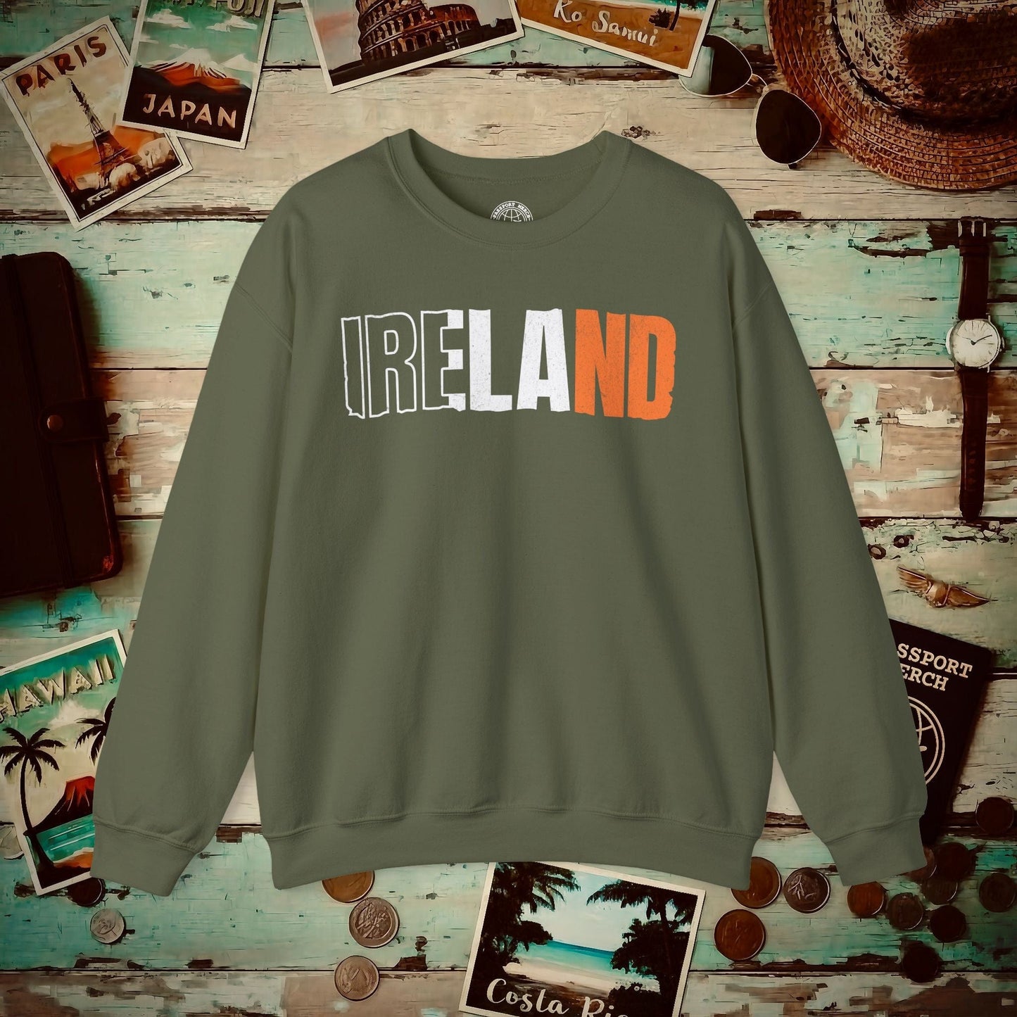 Vintage Ireland Patriotism Letter Flag Crewneck Military Green / S