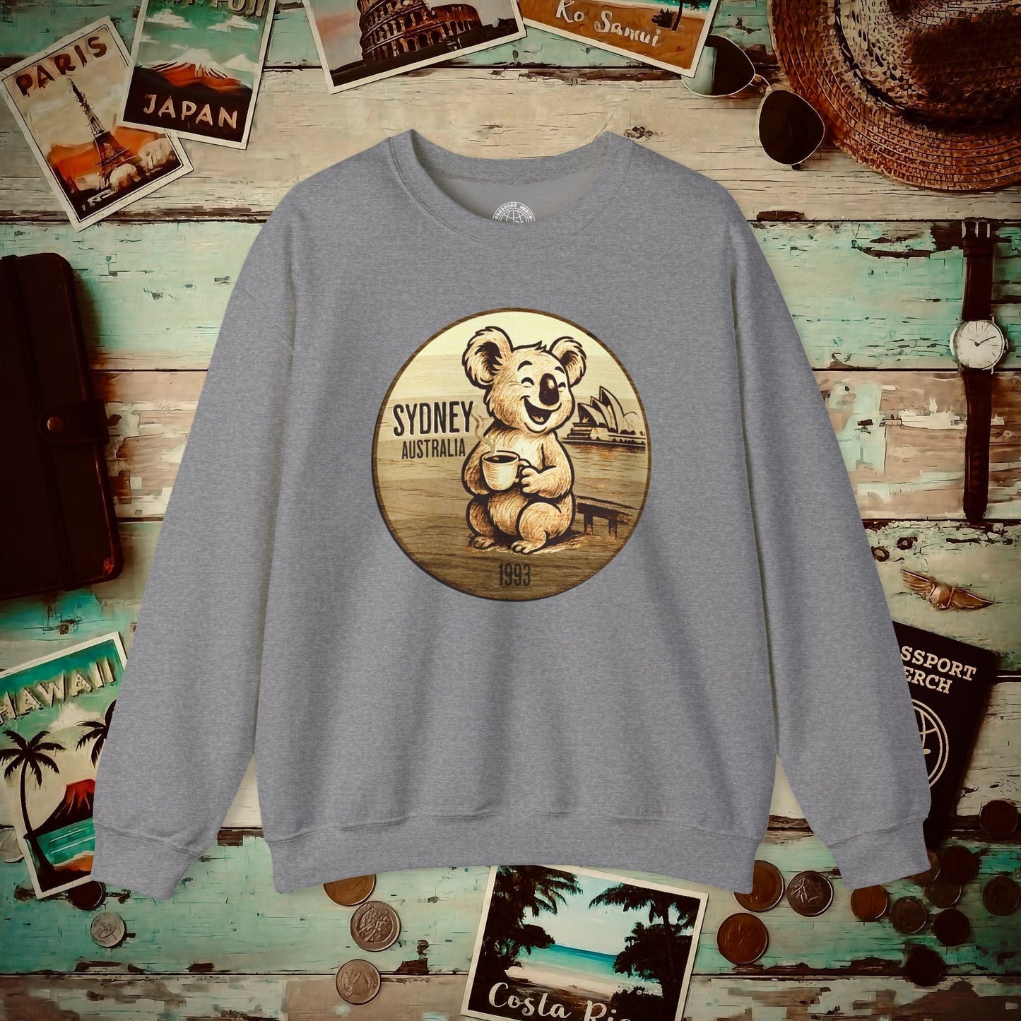 Vintage Koala & Coffee in Sydney, Australia Crewneck Graphite Heather / S