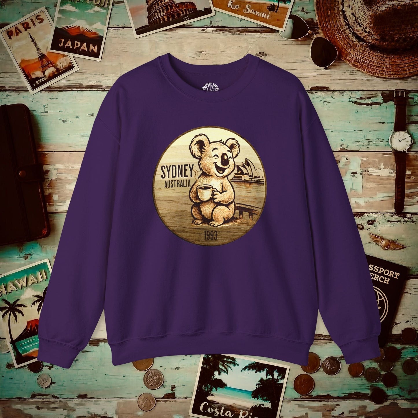 Vintage Koala & Coffee in Sydney, Australia Crewneck Purple / S