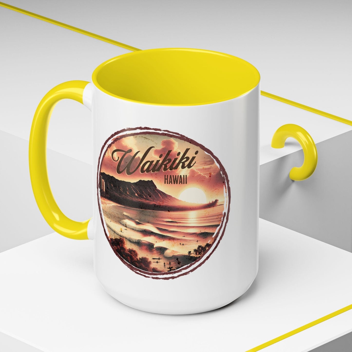 Vintage Nostalgia, Waikiki, Hawaii 15oz Mug Yellow / 15oz