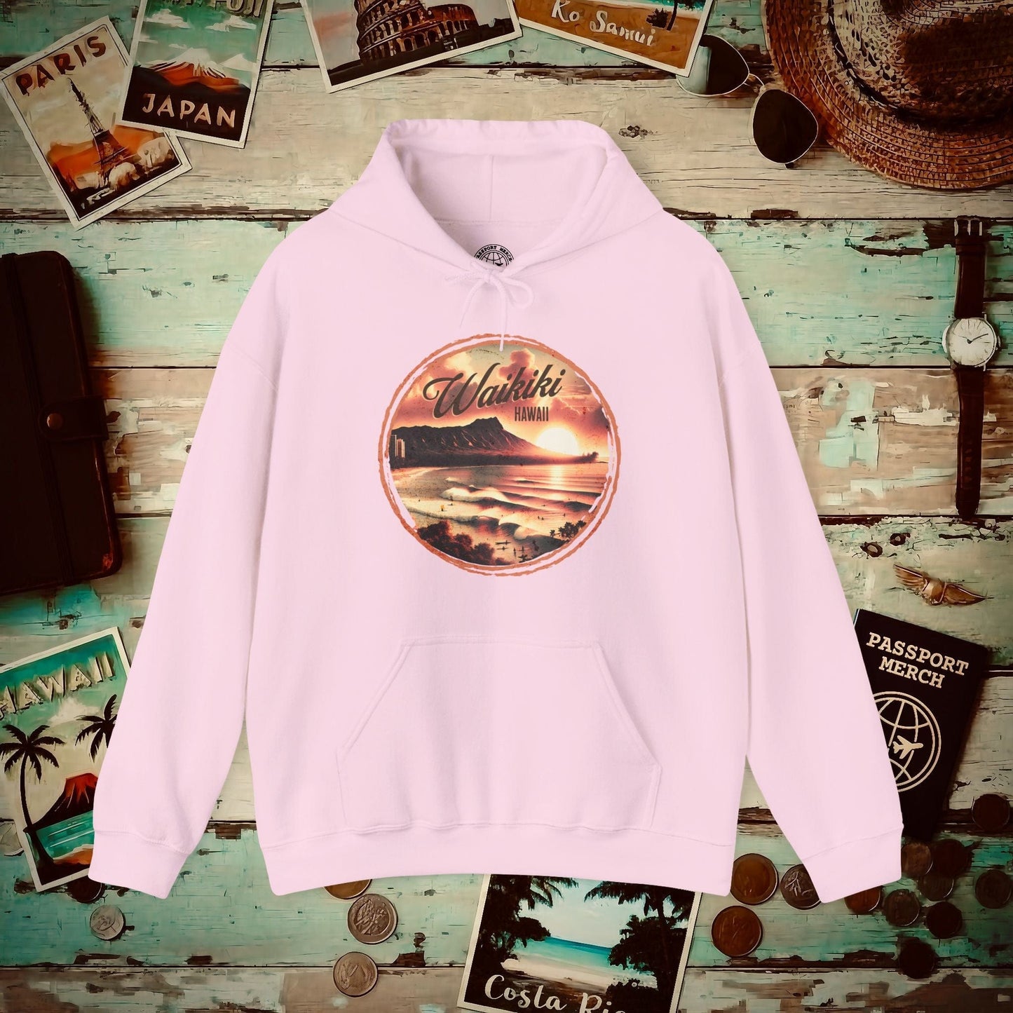 Vintage Nostalgia, Waikiki, Hawaii Hoodie Light Pink / S