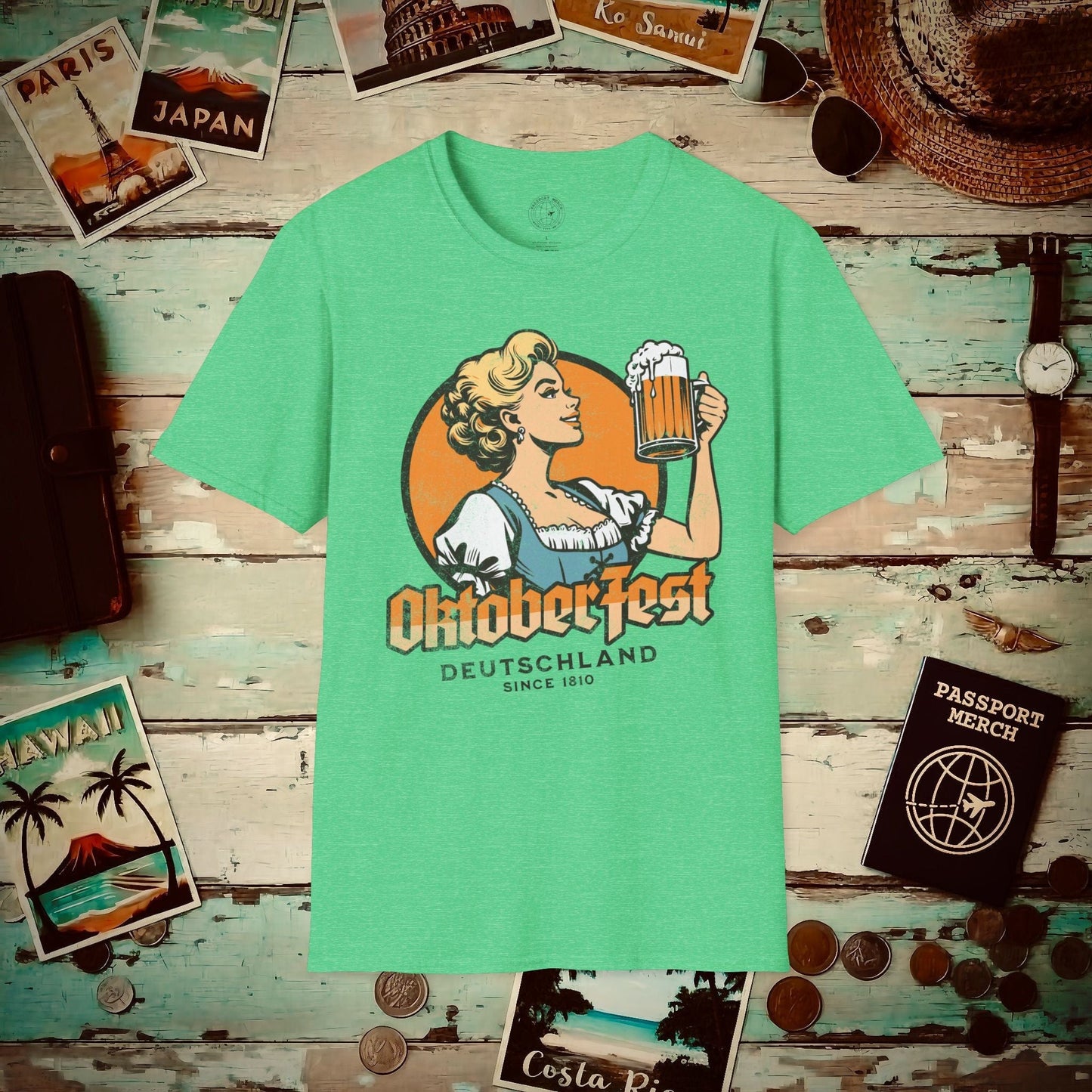 Vintage Oktoberfest Beer Maiden, Germany T-Shirt Heather Irish Green / S