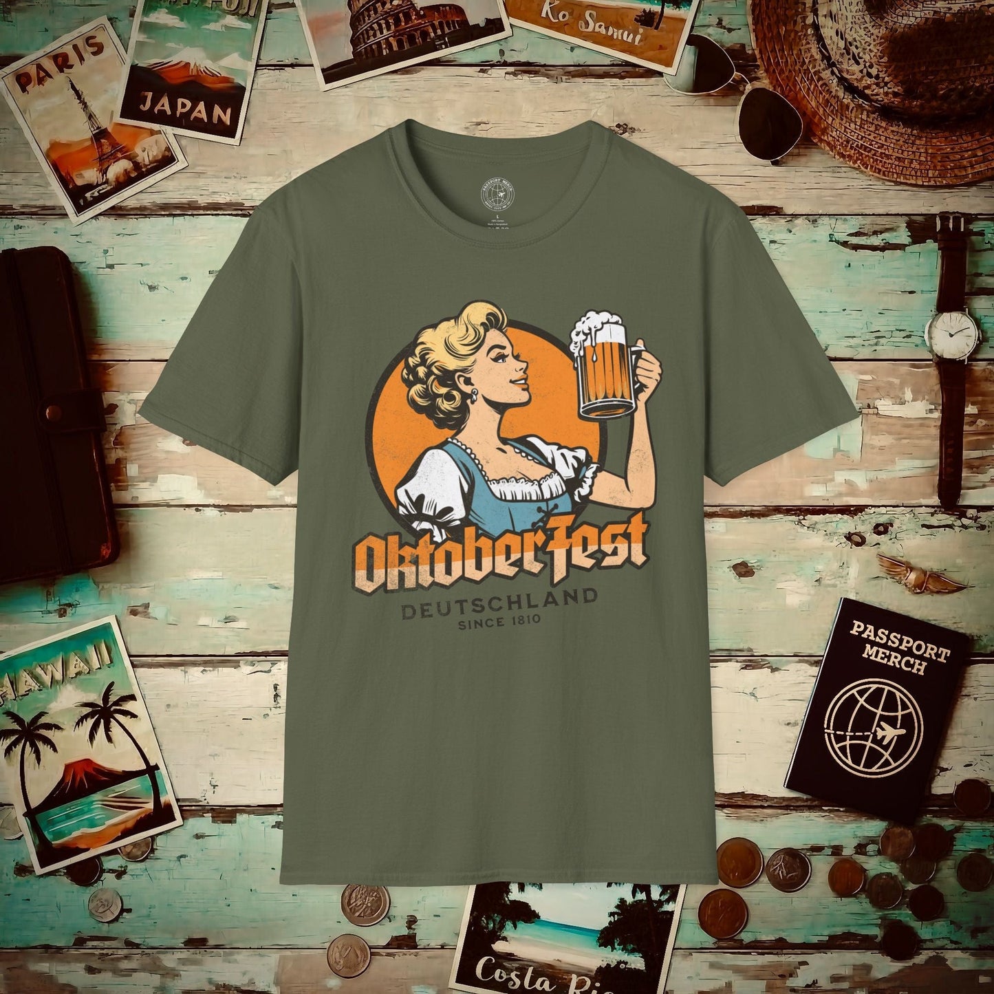 Vintage Oktoberfest Beer Maiden, Germany T-Shirt Military Green / S