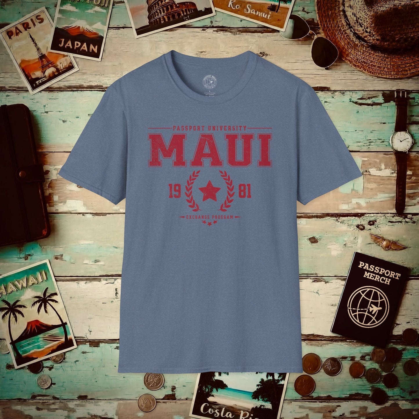 Vintage Passport University, Maui, Hawaii T-Shirt Heather Indigo / S
