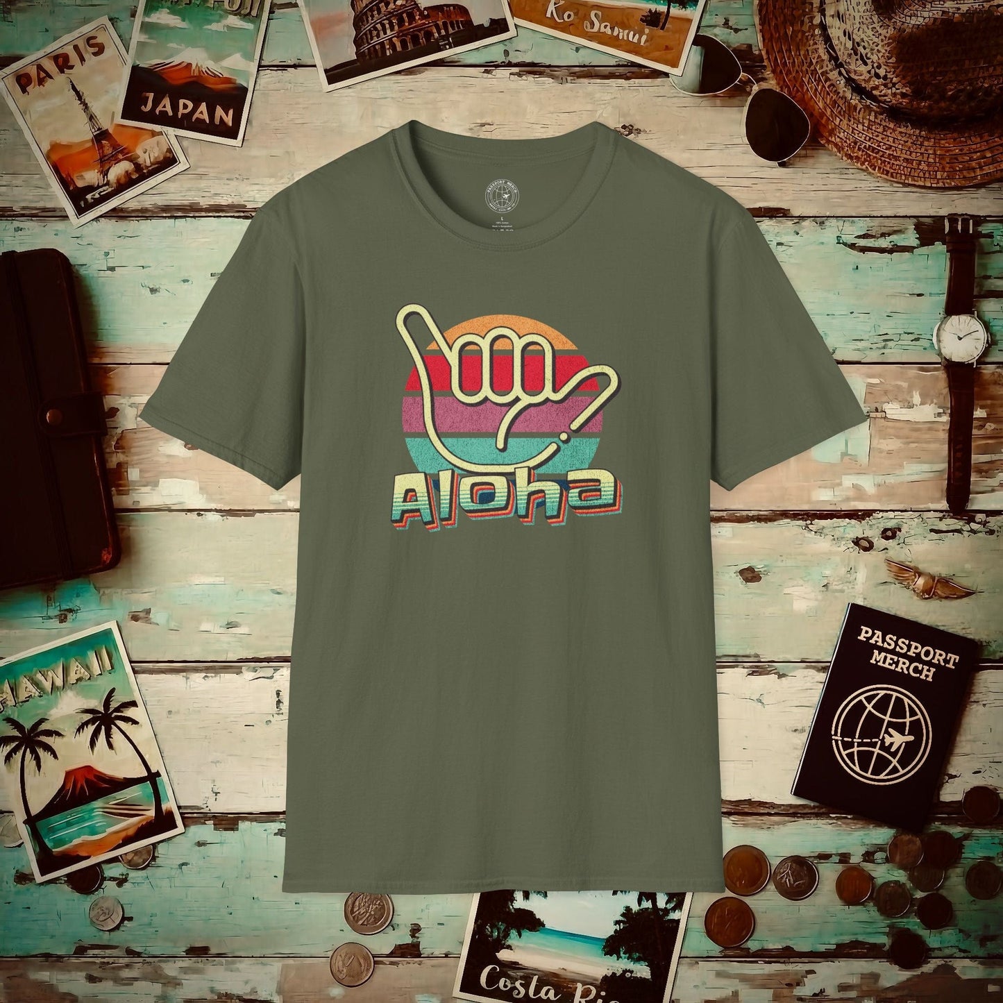 Vintage Retro Aloha Shaka, Hawaii T-Shirt Military Green / S