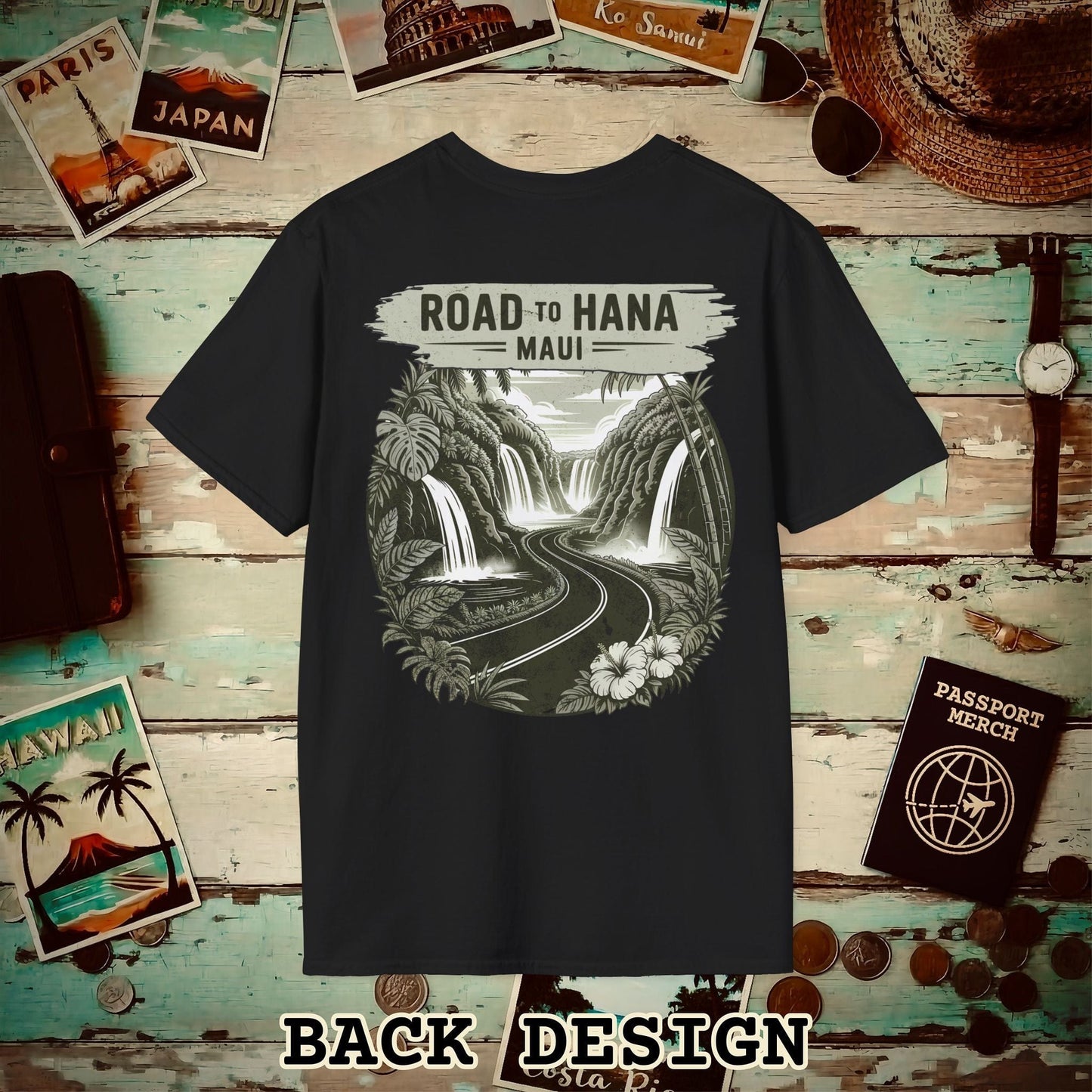 Vintage Road to Hana, Maui, Hawaii, Back Print T-Shirt Black / S