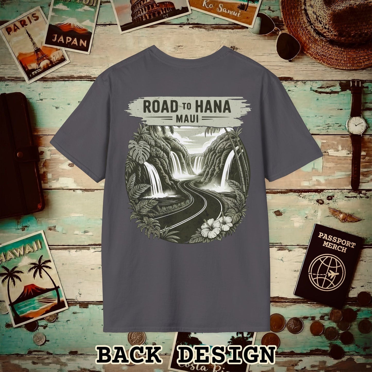 Vintage Road to Hana, Maui, Hawaii, Back Print T-Shirt Charcoal / S