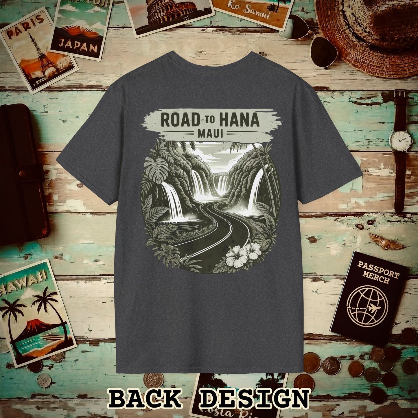 Vintage Road to Hana, Maui, Hawaii, Back Print T-Shirt Dark Heather / S