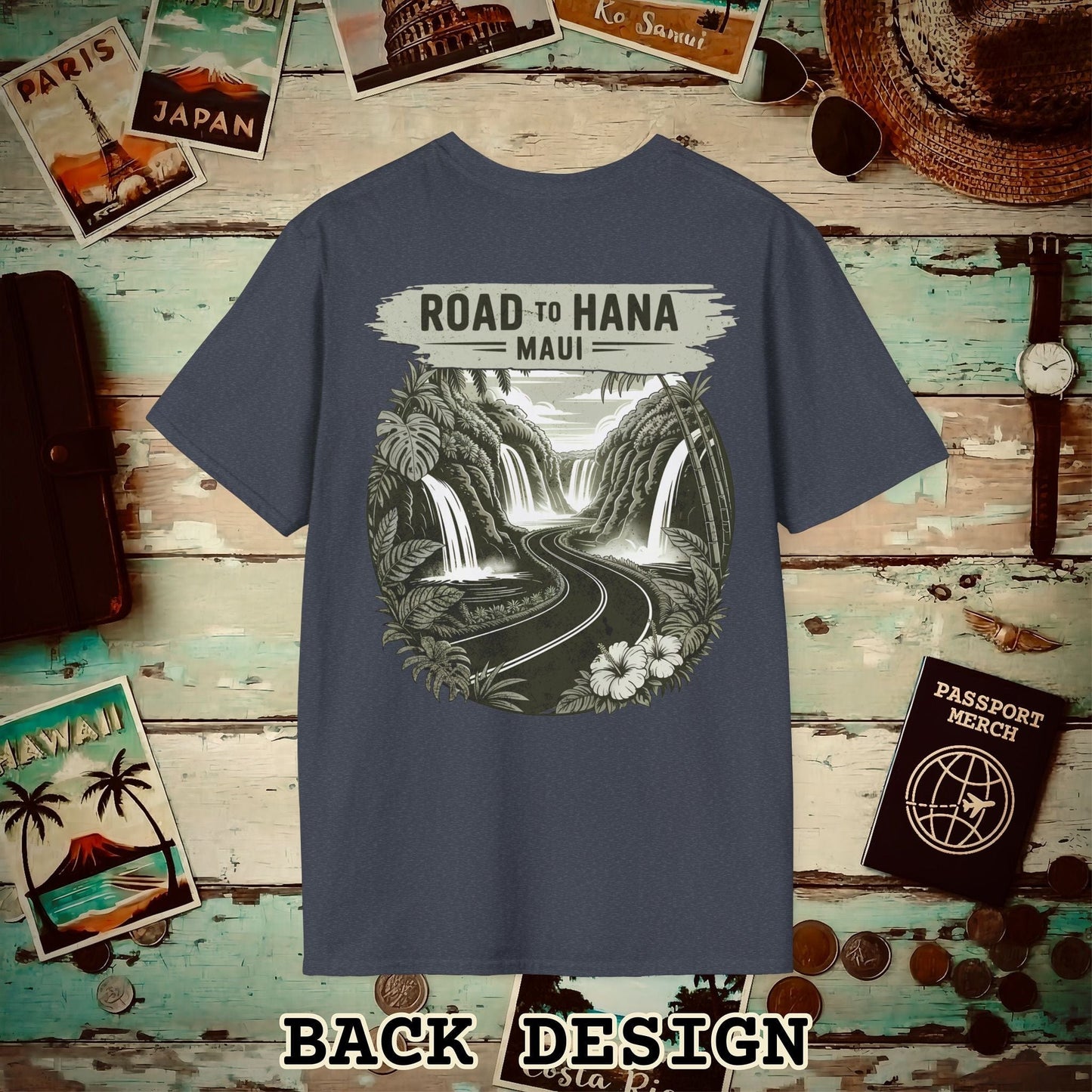 Vintage Road to Hana, Maui, Hawaii, Back Print T-Shirt Heather Navy / S