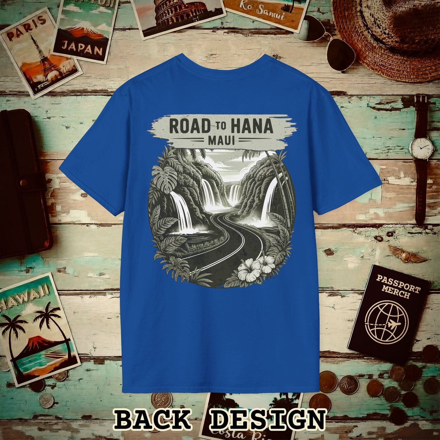 Vintage Road to Hana, Maui, Hawaii, Back Print T-Shirt Royal / S