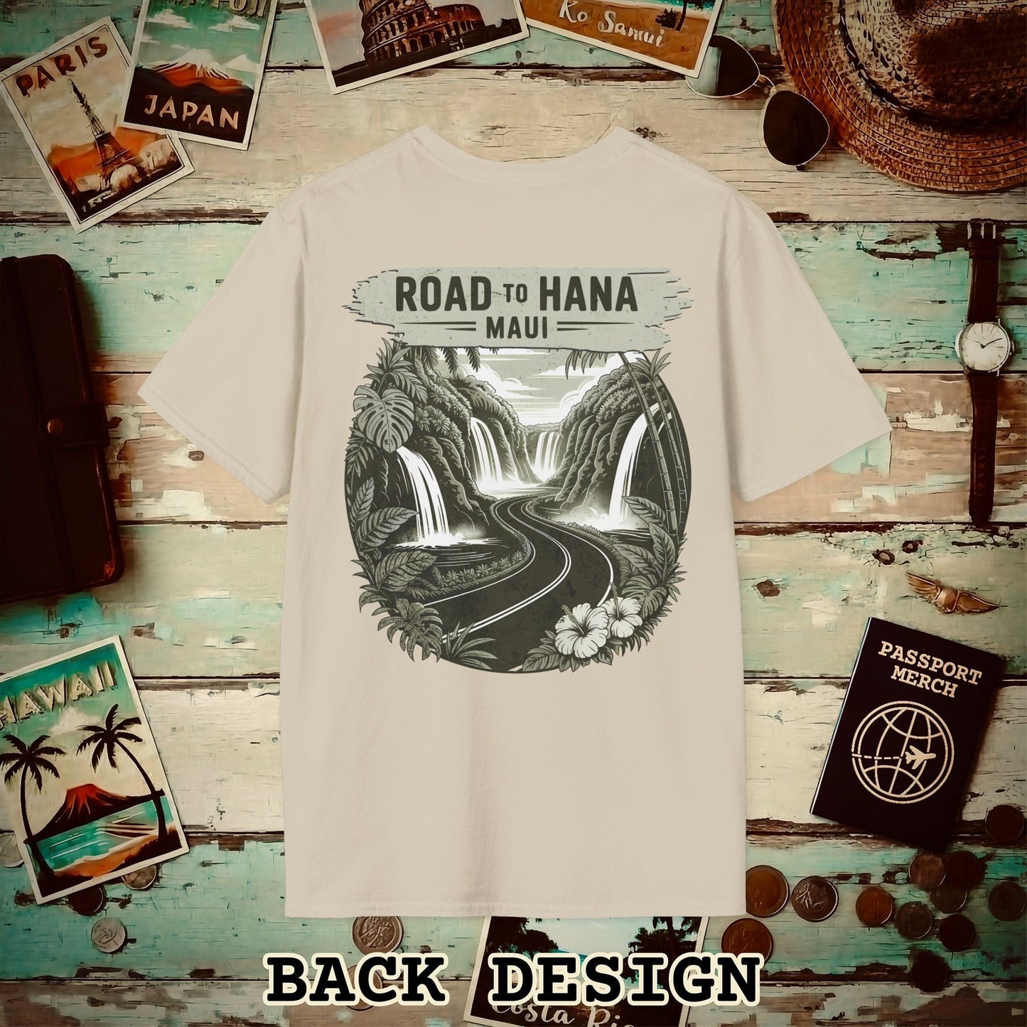 Vintage Road to Hana, Maui, Hawaii, Back Print T-Shirt Sand / S