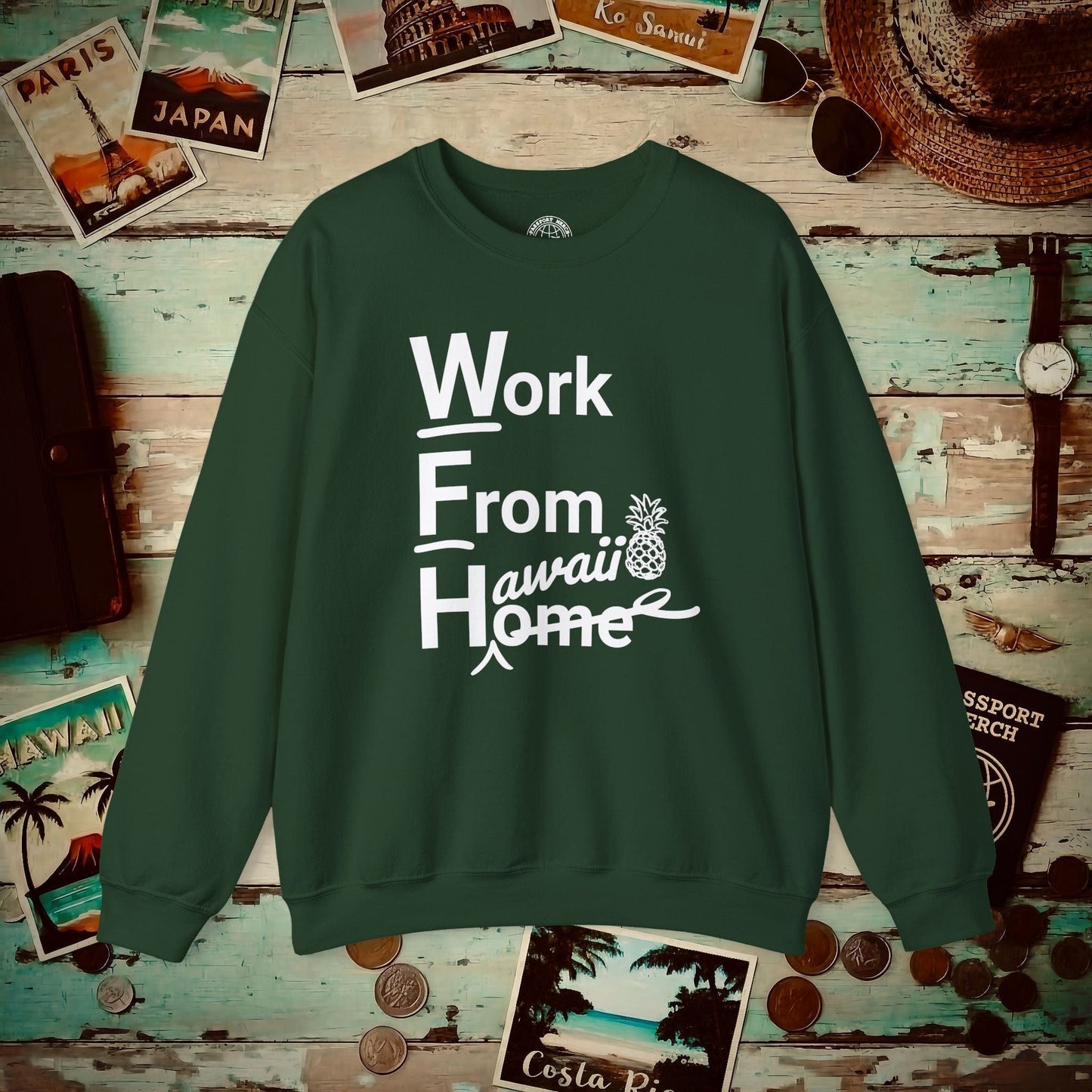 WFH, Work From Hawaii Crewneck Forest Green / S