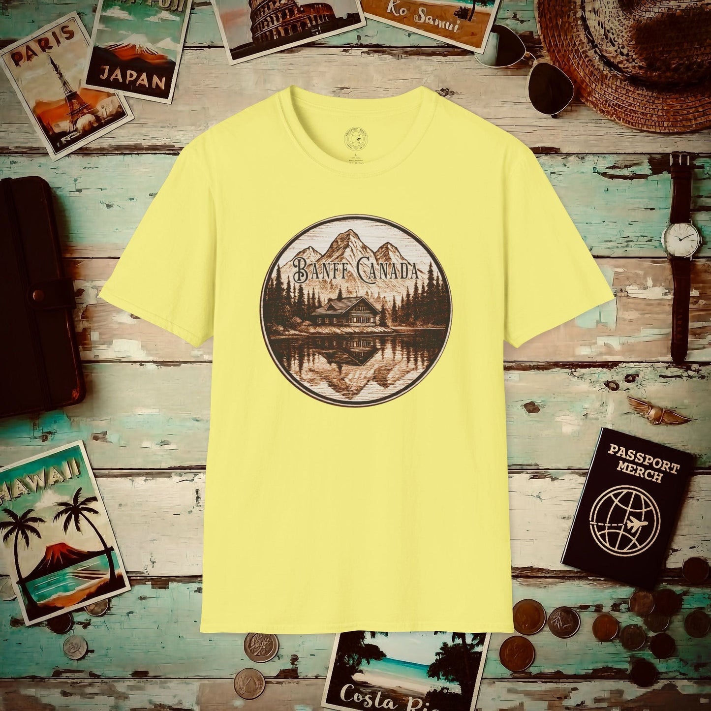 Wood Burned Badge, Banff Canada T-Shirt Cornsilk / S