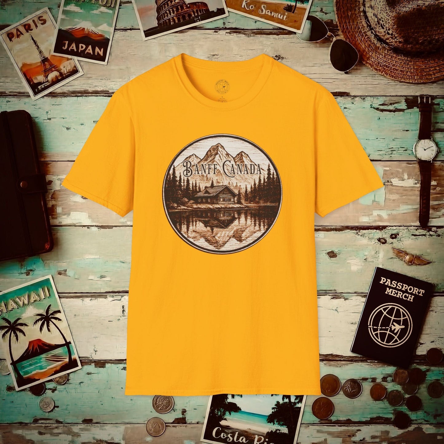 Wood Burned Badge, Banff Canada T-Shirt Gold / S