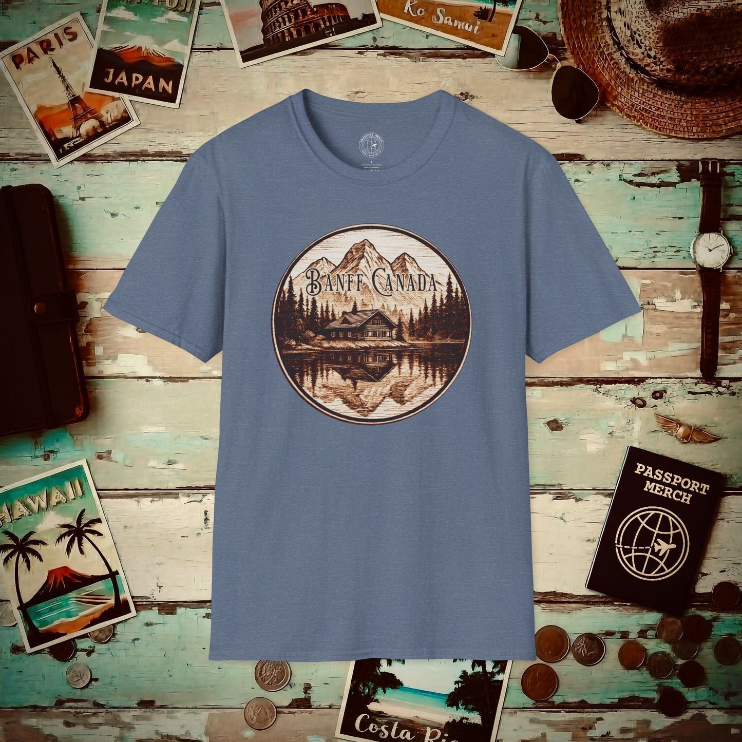 Wood Burned Badge, Banff Canada T-Shirt Heather Indigo / S