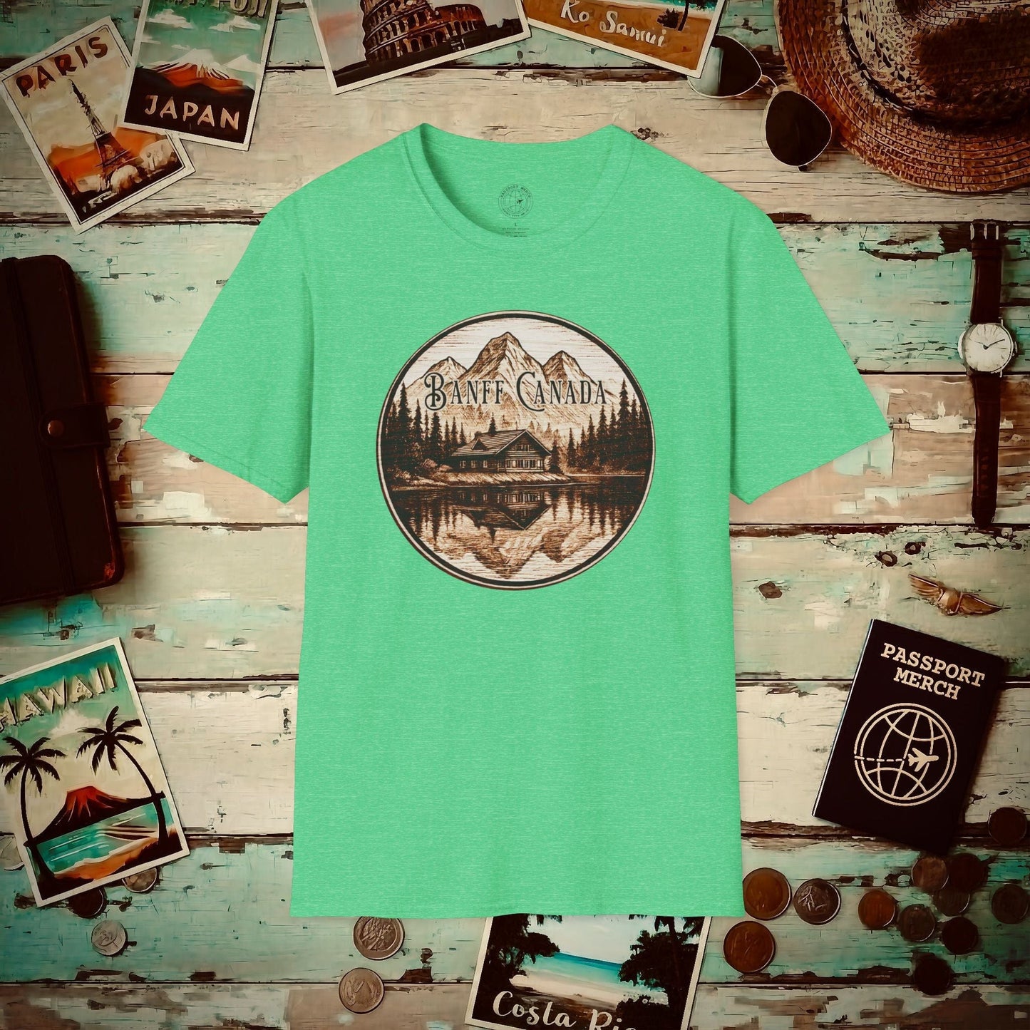 Wood Burned Badge, Banff Canada T-Shirt Heather Irish Green / S