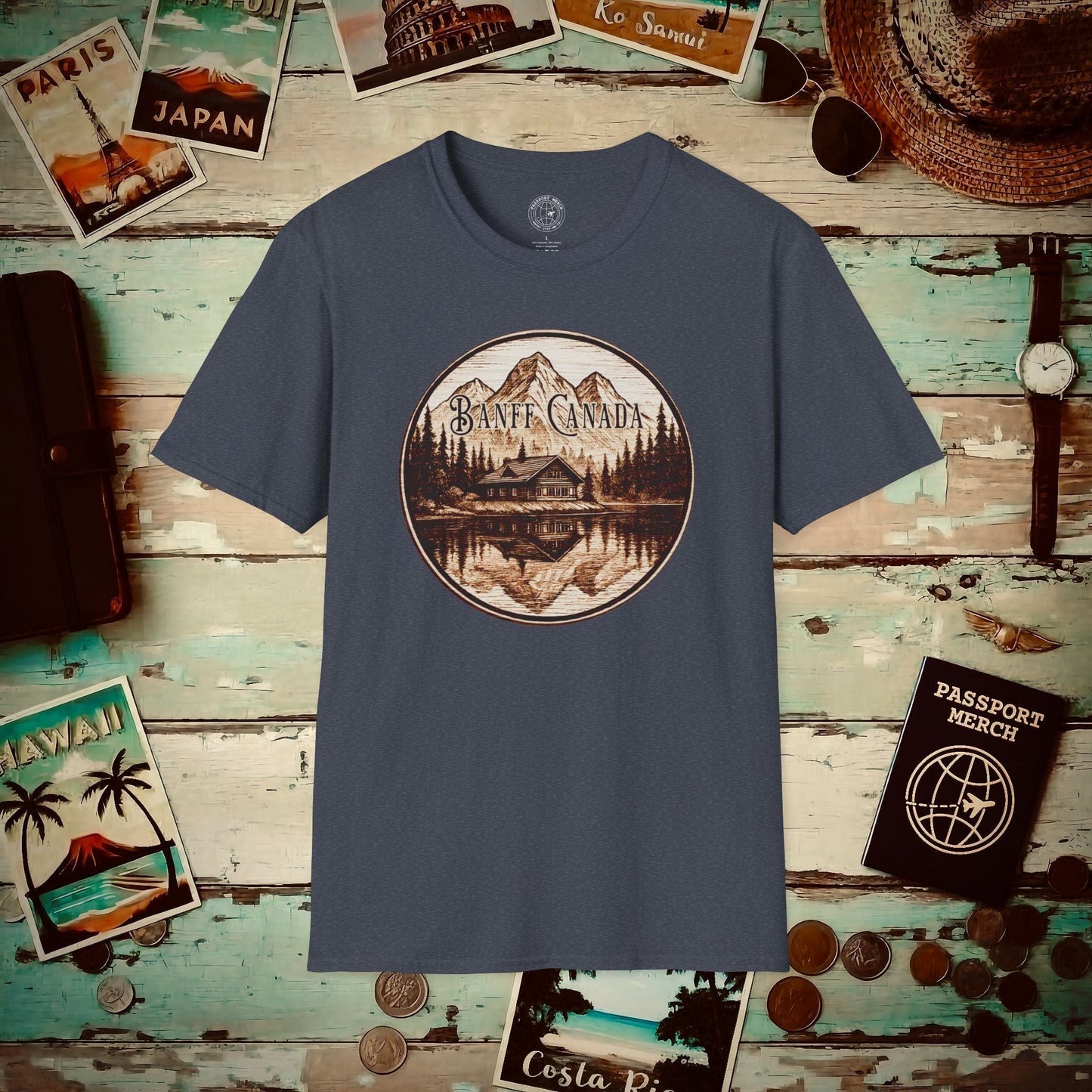Wood Burned Badge, Banff Canada T-Shirt Heather Navy / S