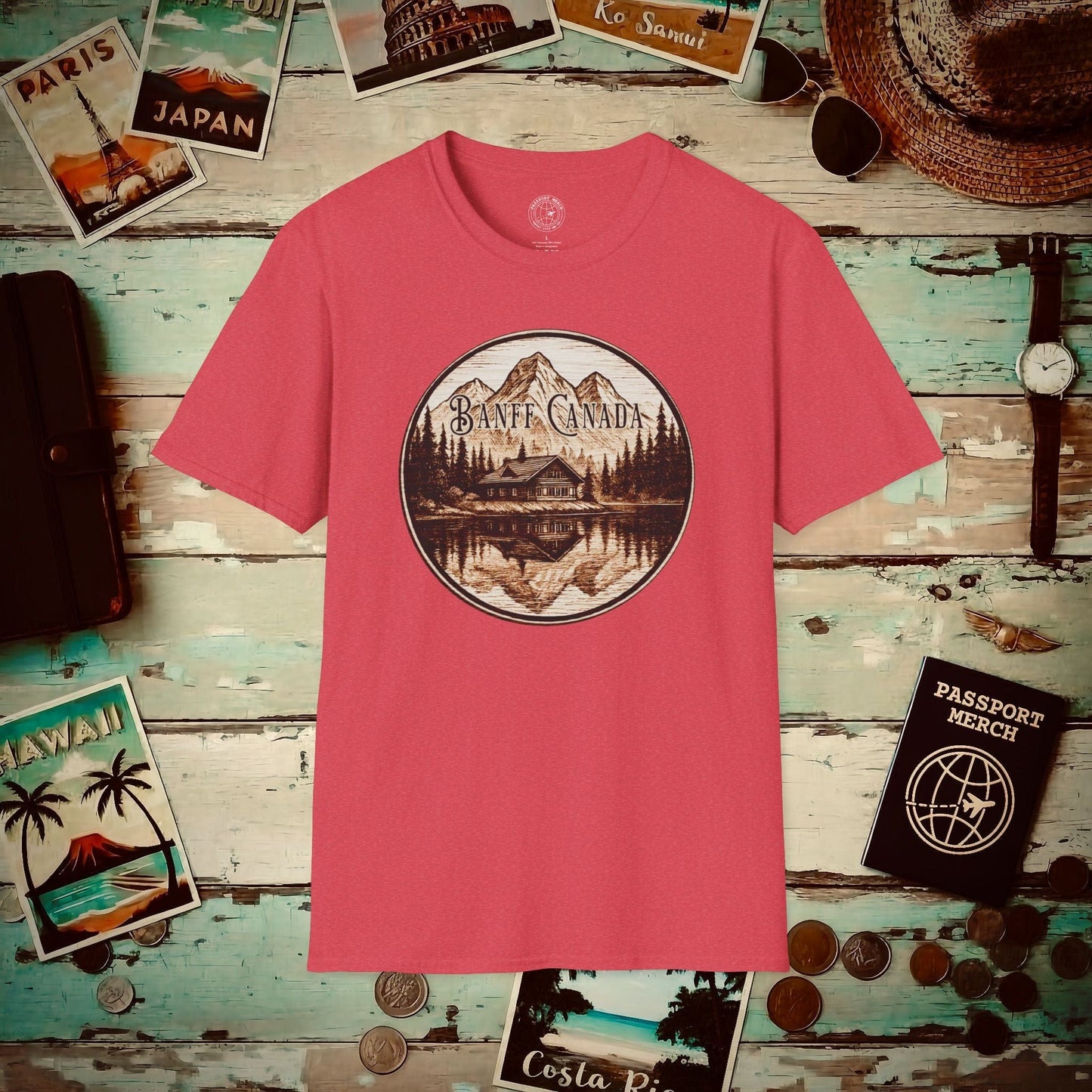 Wood Burned Badge, Banff Canada T-Shirt Heather Red / S
