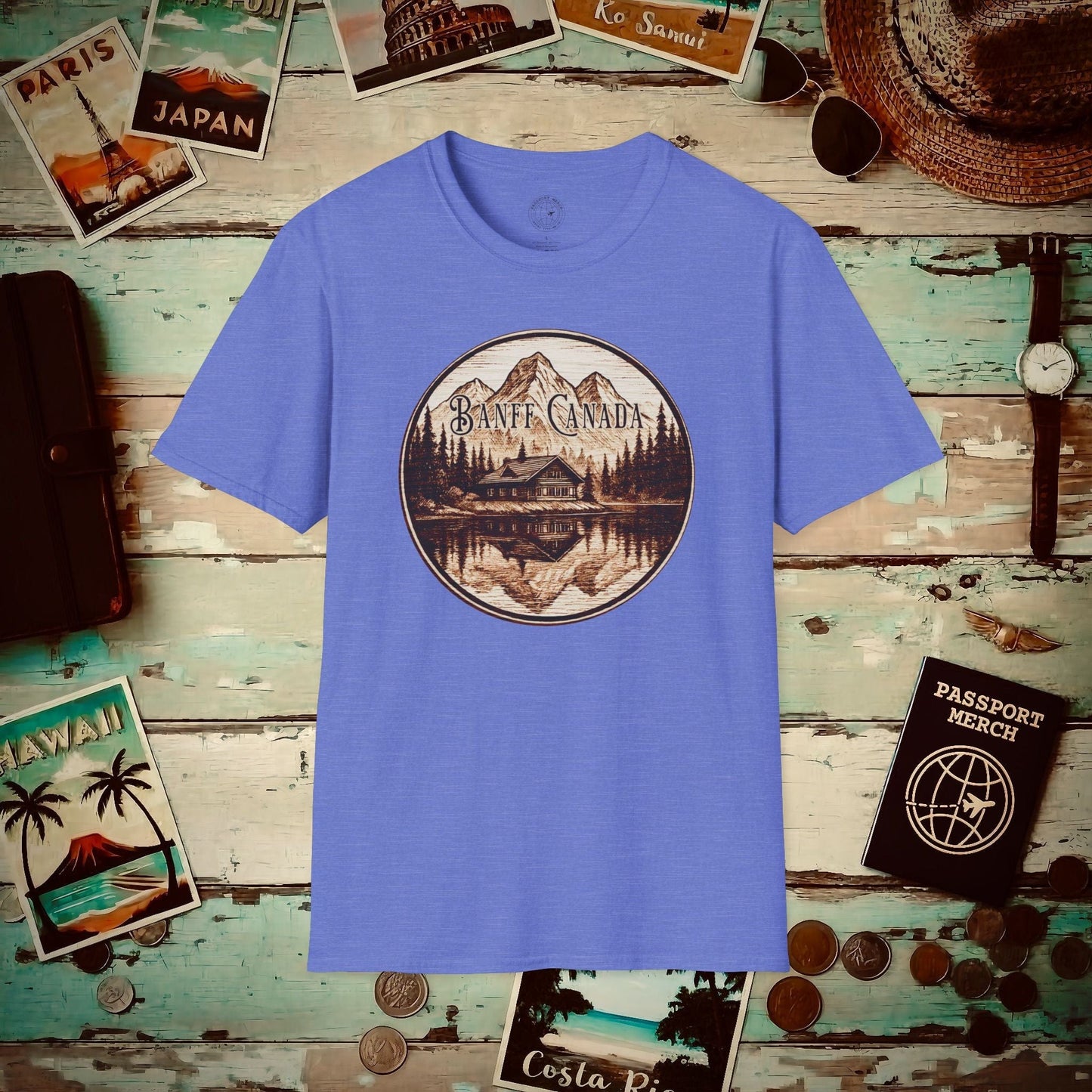 Wood Burned Badge, Banff Canada T-Shirt Heather Royal / S