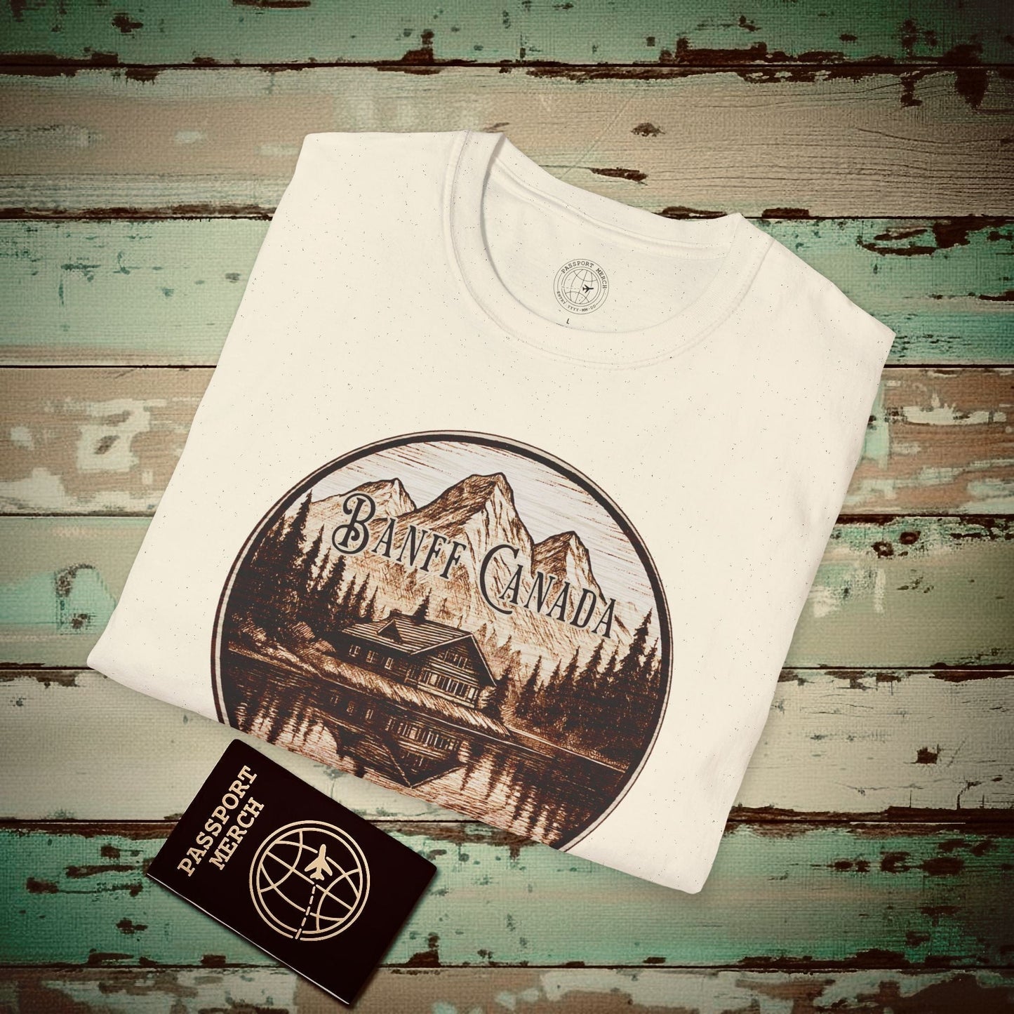Wood Burned Badge, Banff Canada T-Shirt Natural / S
