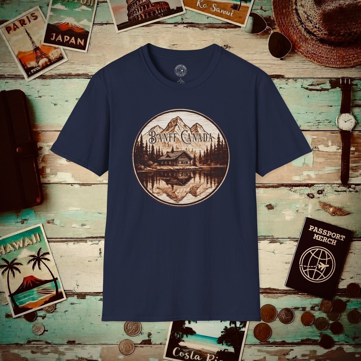 Wood Burned Badge, Banff Canada T-Shirt Navy / S