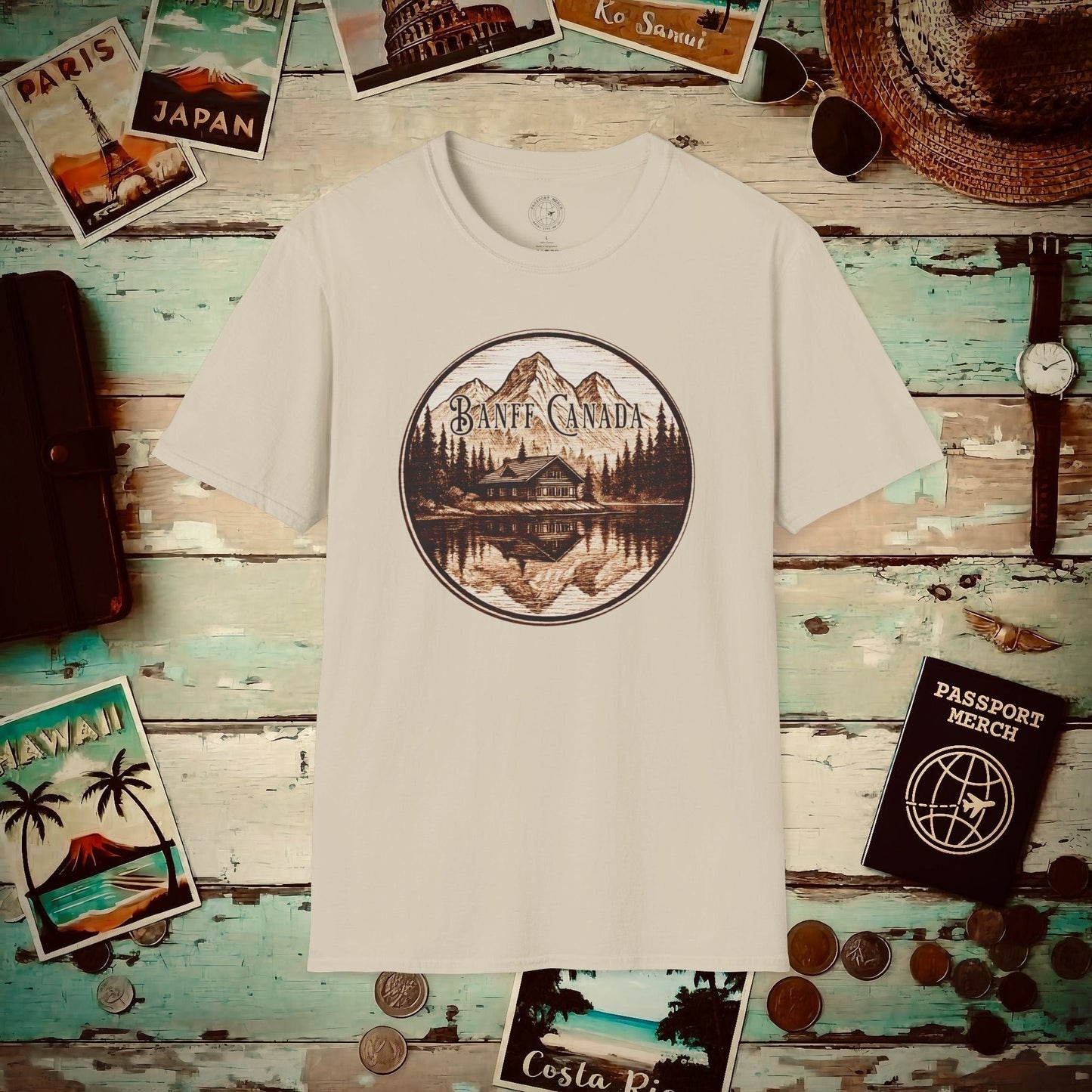 Wood Burned Badge, Banff Canada T-Shirt Sand / S