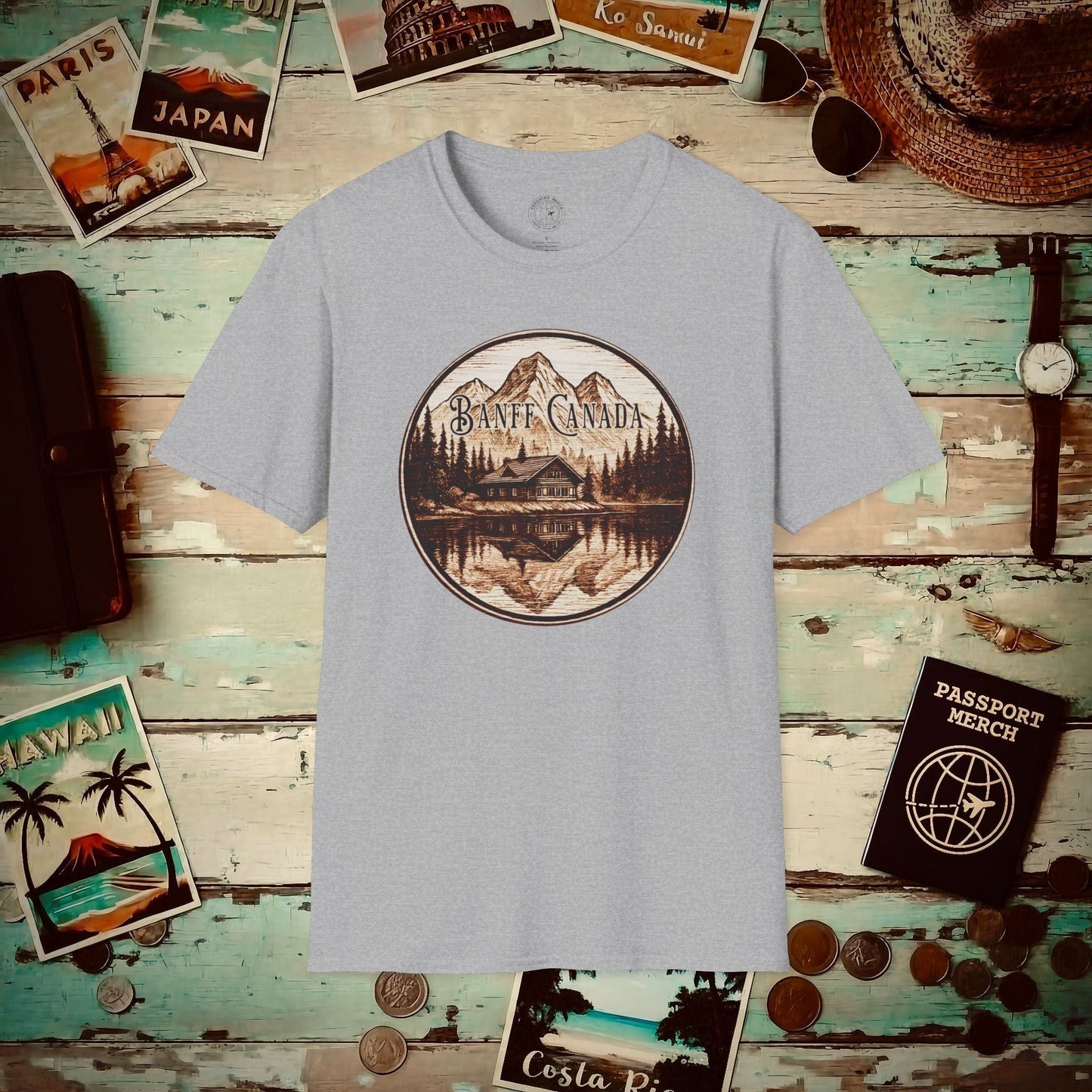 Wood Burned Badge, Banff Canada T-Shirt Sport Grey / S