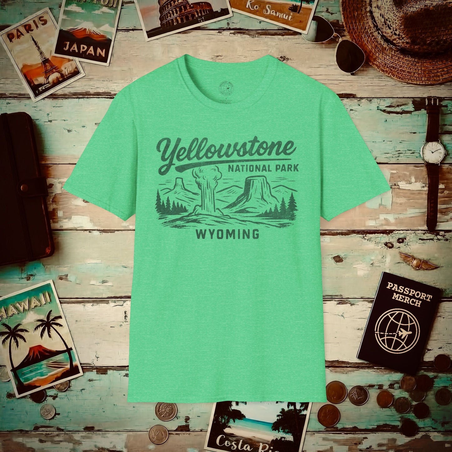 Yellowstone National Park Vintage Monochrome, Wyoming T-Shirt Heather Irish Green / S