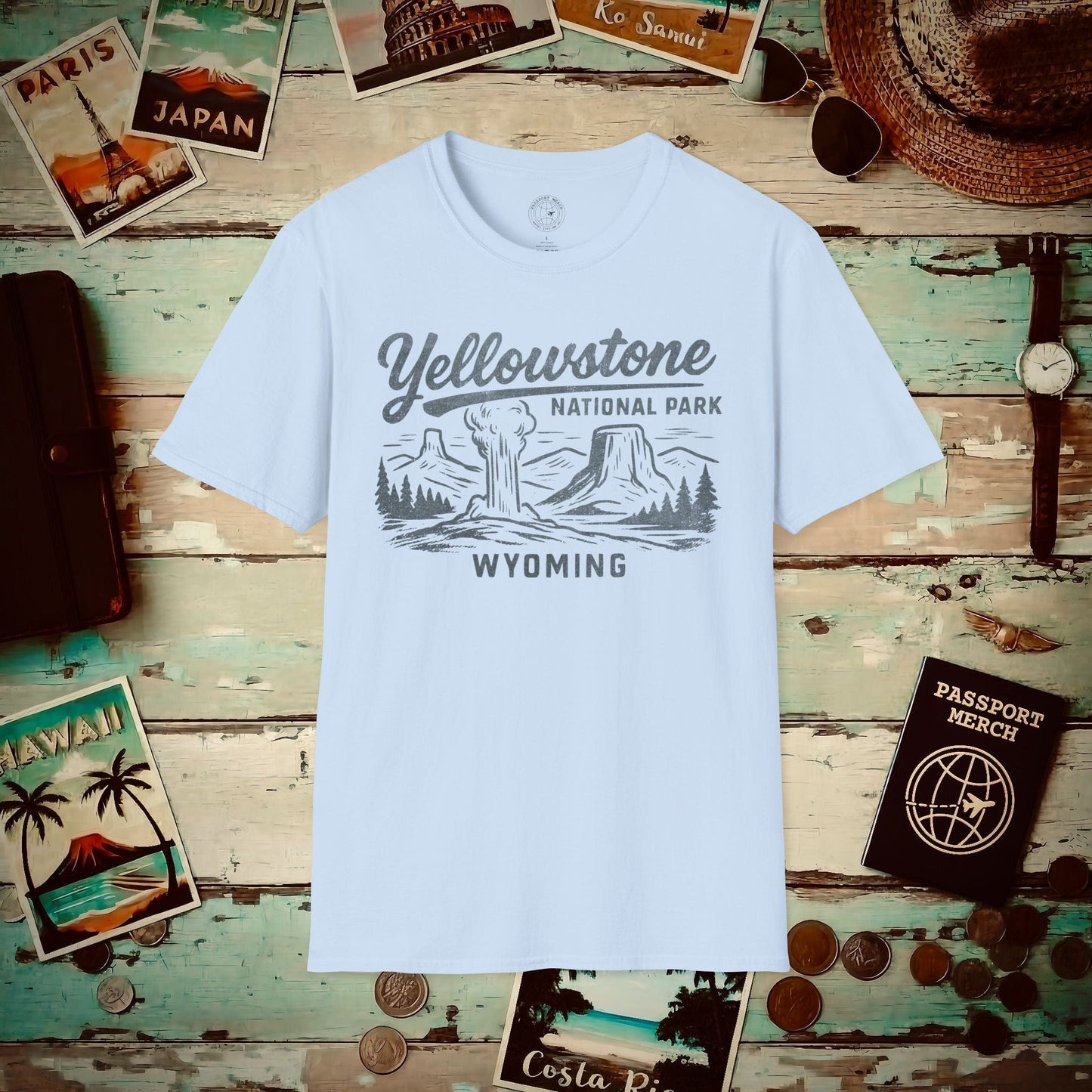 Yellowstone National Park Vintage Monochrome, Wyoming T-Shirt Light Blue / S