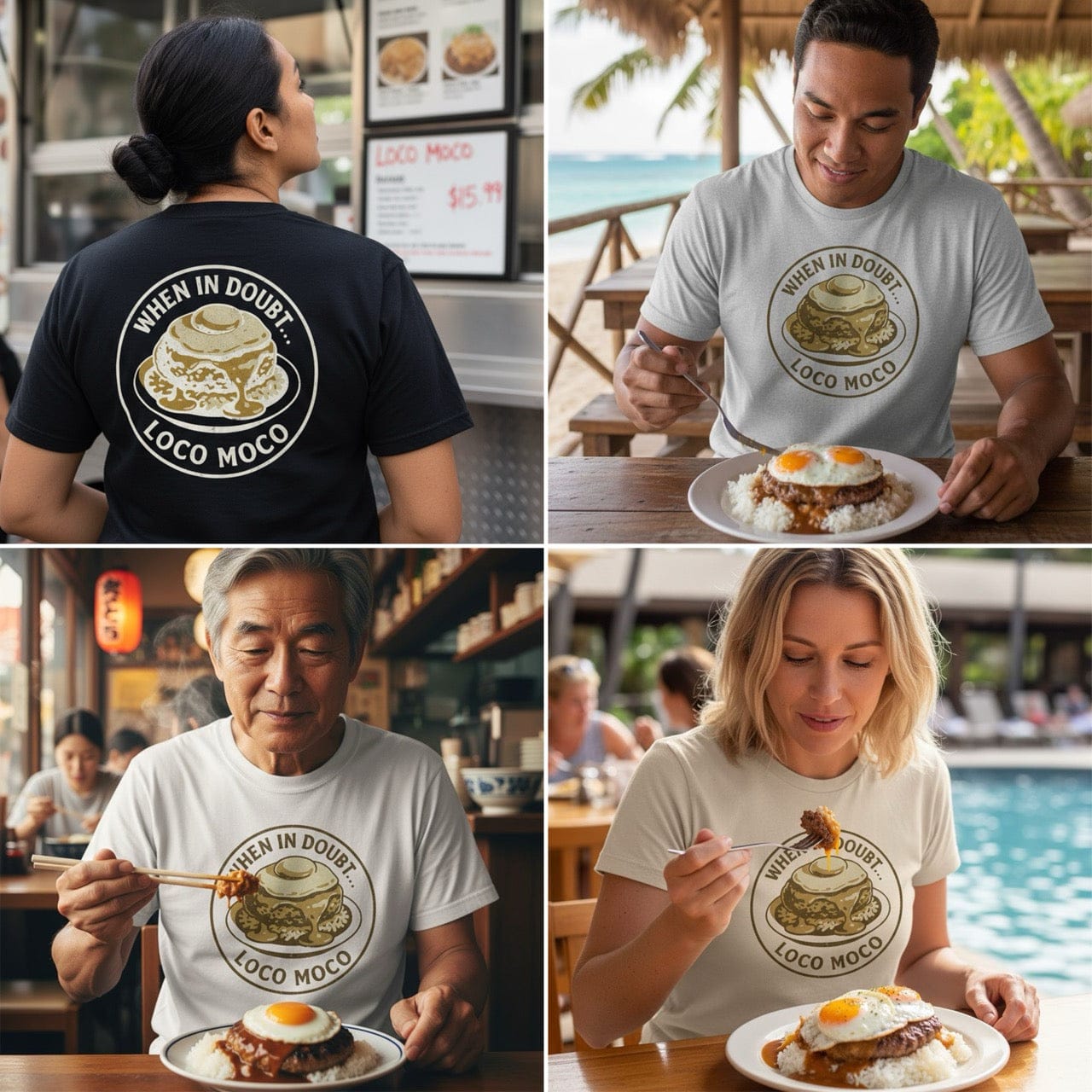 Collage of people wearing 'When in Doubt, Loco Moco' t-shirts and enjoying a loco moco dish.