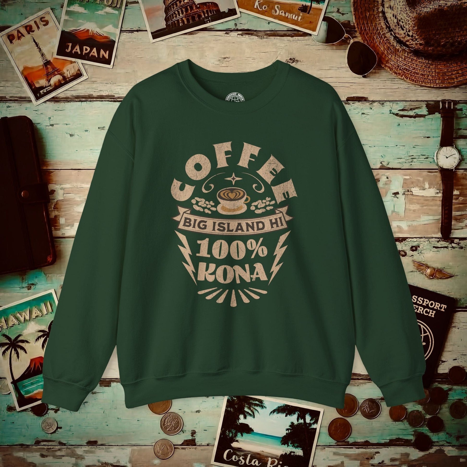 100 Percent Kona Coffee Hawaii Crewneck Forest Green / S