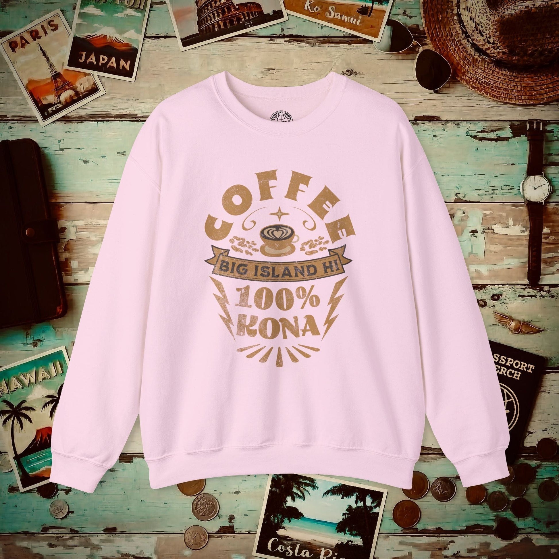 100 Percent Kona Coffee Hawaii Crewneck Light Pink / S