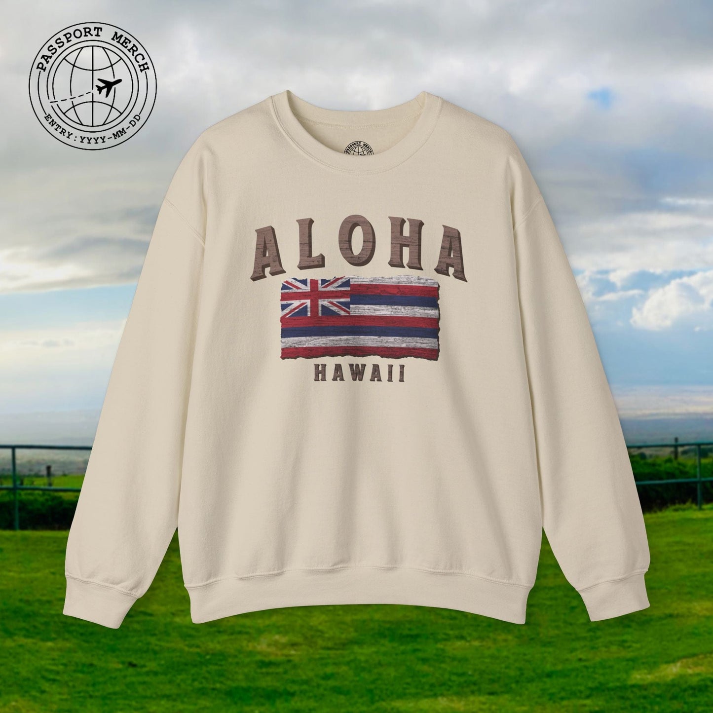 Koa Wood Aloha Hawaiian Flag Crewneck