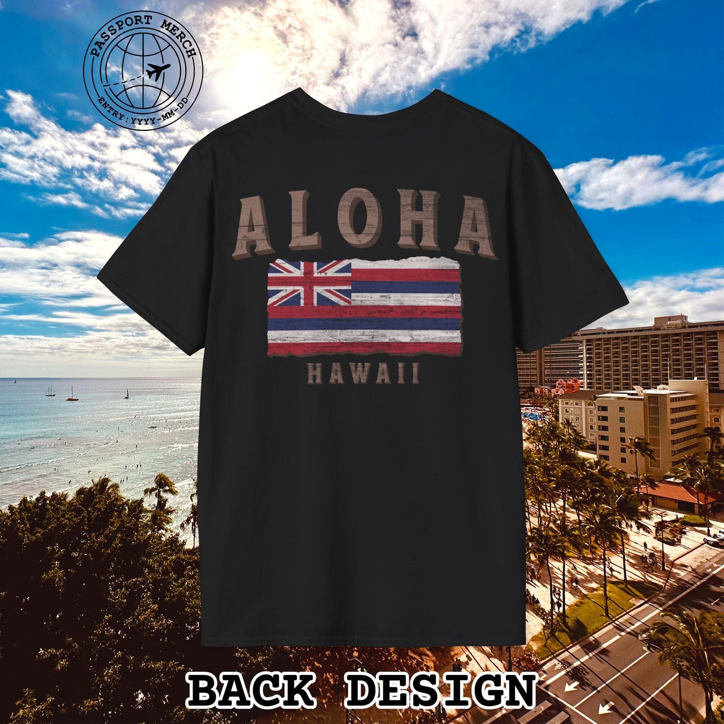 Koa Wood Aloha Hawaiian Flag, Back Print T-Shirt