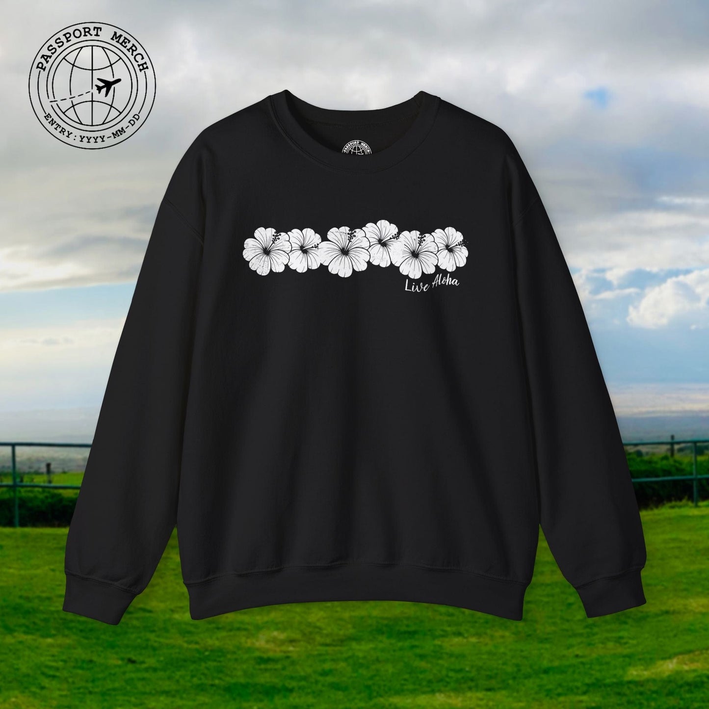 Live Aloha Monochrome Hibiscus, Hawaii Crewneck