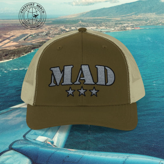 Classic Military, Barajas Madrid Spain Airport Code (MAD) Embroidered Trucker Hat