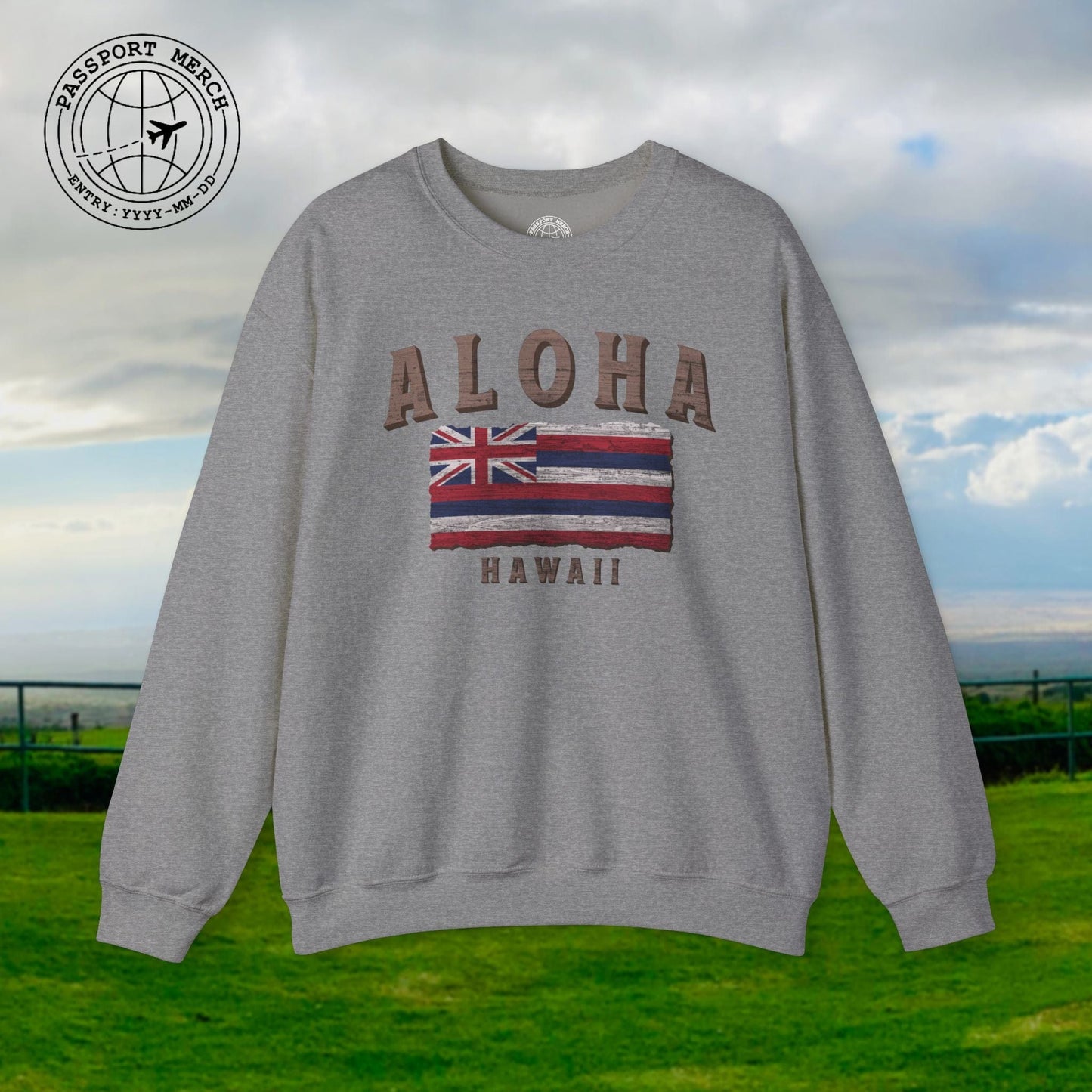 Koa Wood Aloha Hawaiian Flag Crewneck