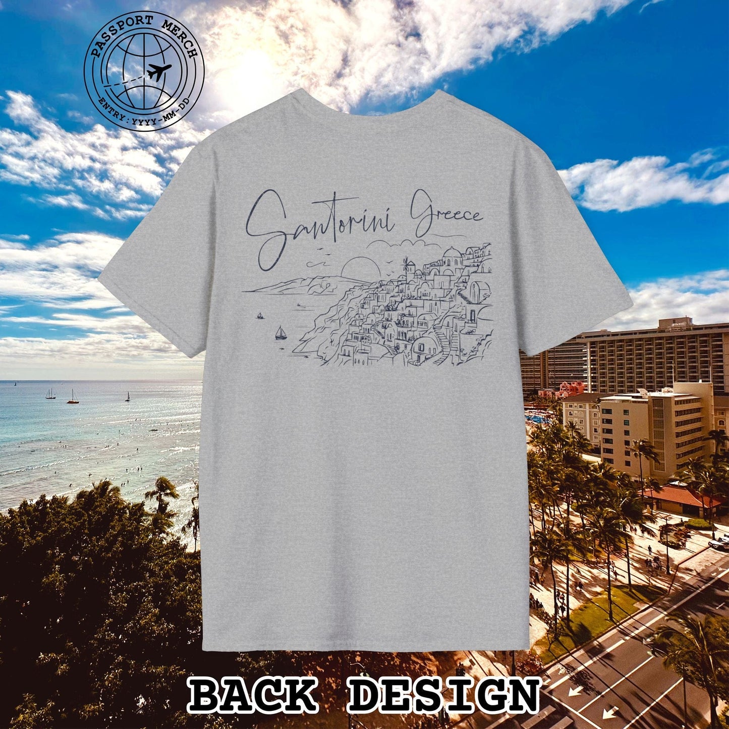 Santorini Dreaming Greece, Back Print T-Shirt