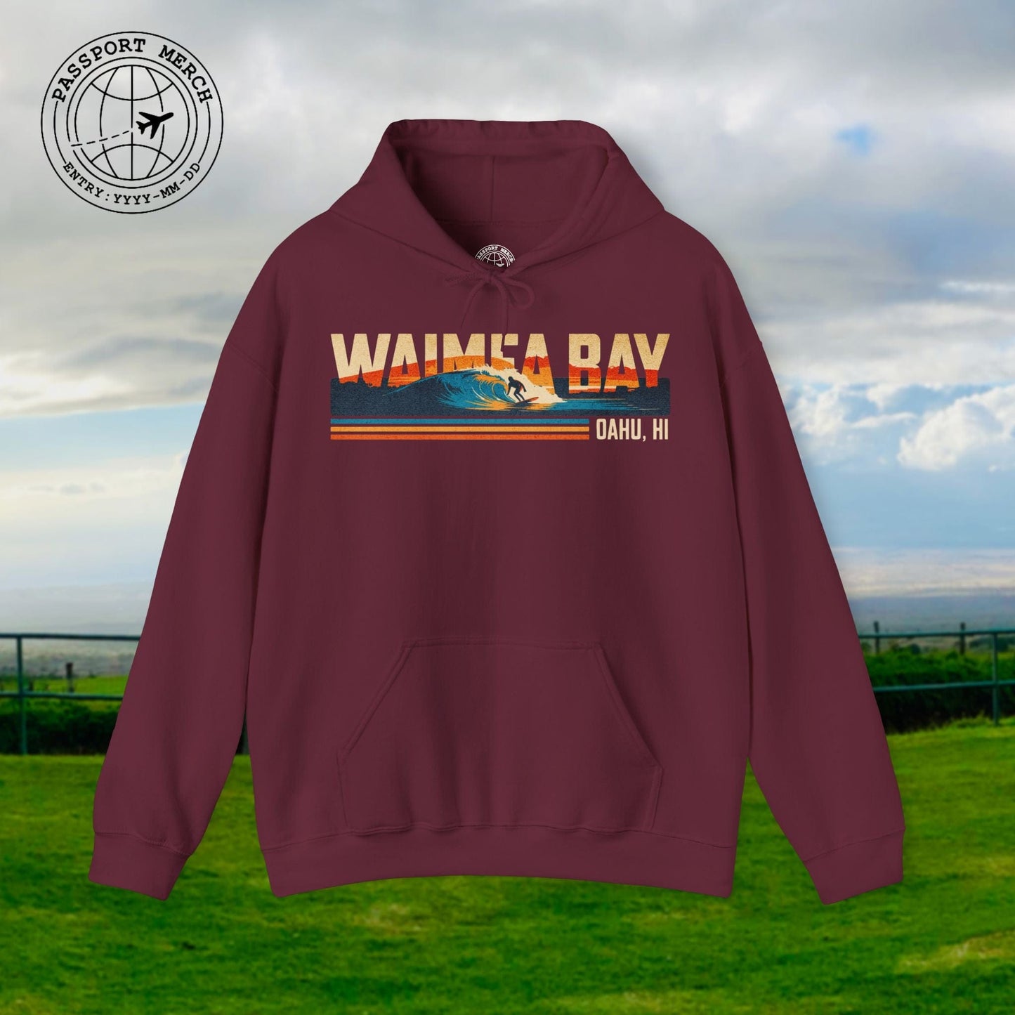 Waimea Bay, Oahu, Hawaii - Vibrant Surf Retro Hoodie
