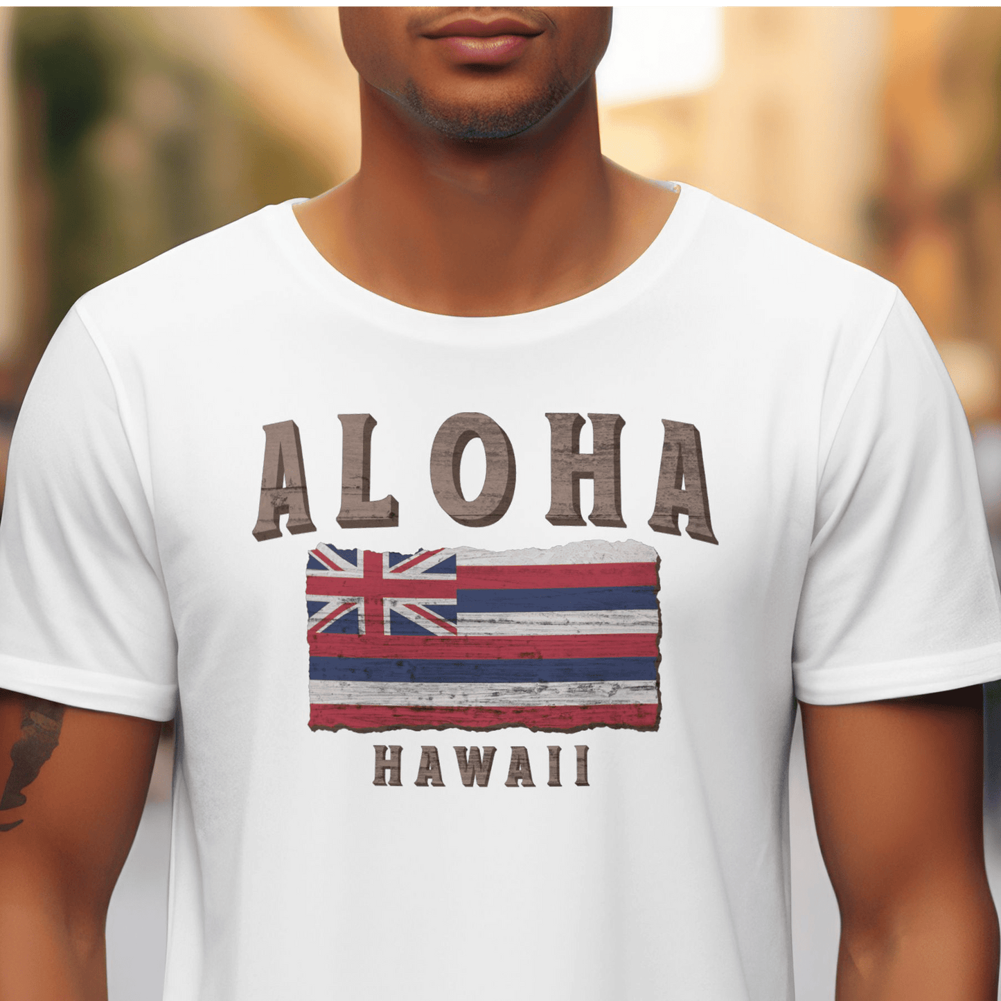 Koa Wood Aloha Hawaiian Flag T-Shirt