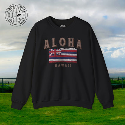 Koa Wood Aloha Hawaiian Flag Crewneck