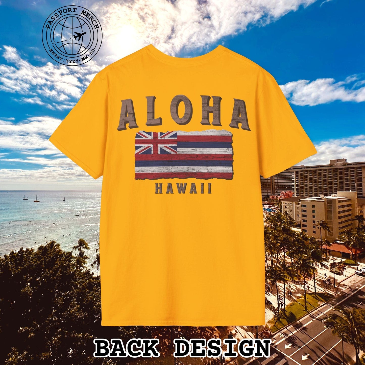 Koa Wood Aloha Hawaiian Flag, Back Print T-Shirt