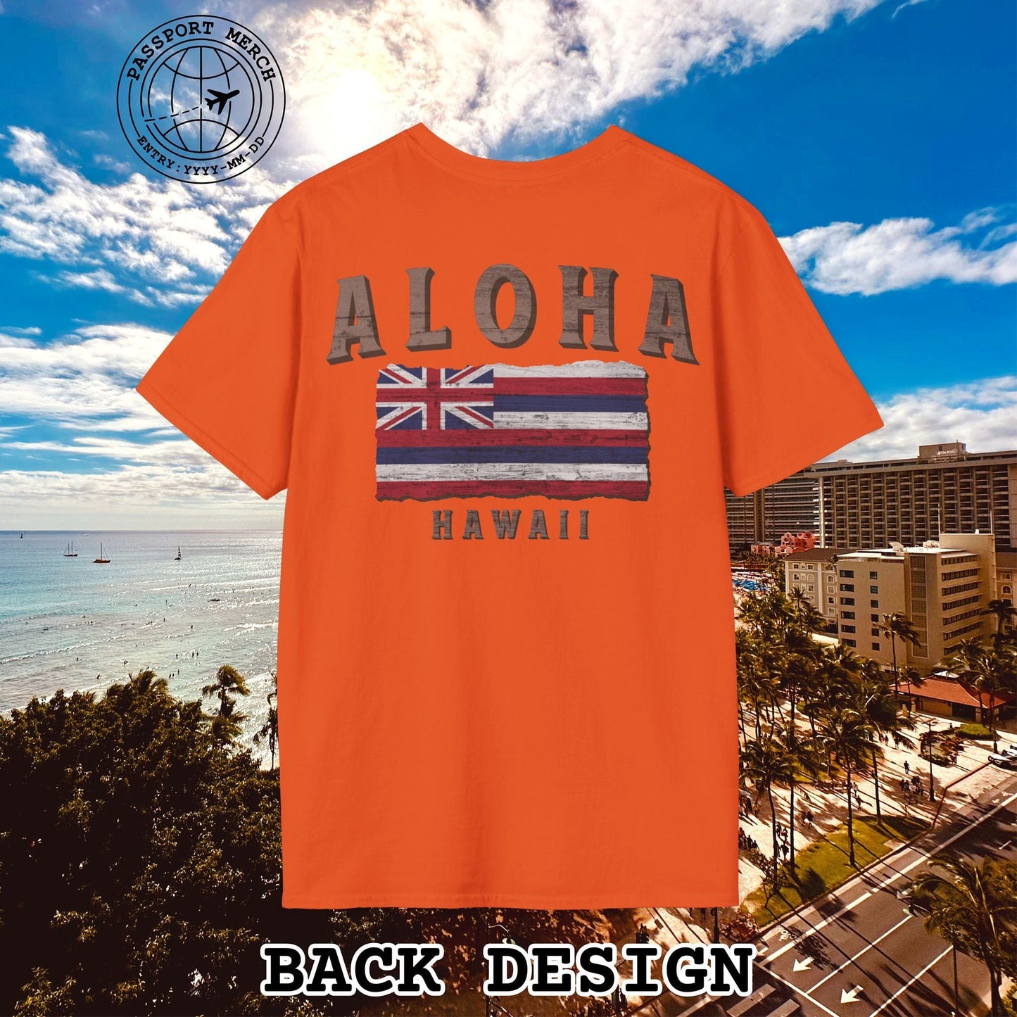 Koa Wood Aloha Hawaiian Flag, Back Print T-Shirt